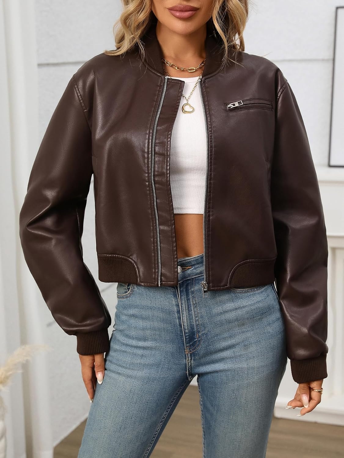 image:imageLY VAREY LIN Womens Faux Leather Varsity Jacket Biker Baseball Streetwear Casual CoatChocolate