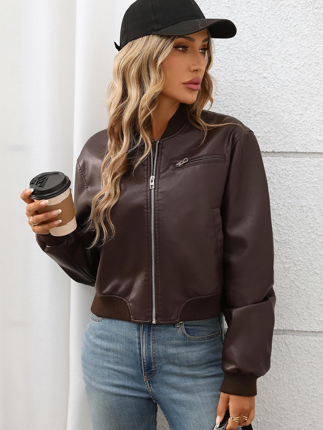 image:imageLY VAREY LIN Womens Faux Leather Varsity Jacket Biker Baseball Streetwear Casual CoatChocolate