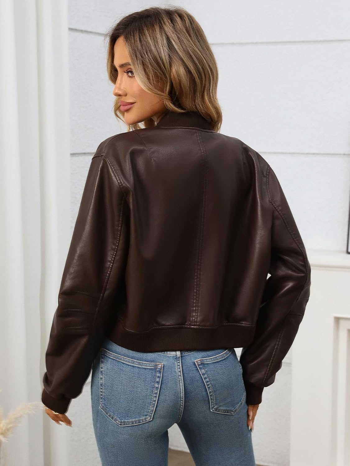 image:imageLY VAREY LIN Womens Faux Leather Varsity Jacket Biker Baseball Streetwear Casual CoatChocolate