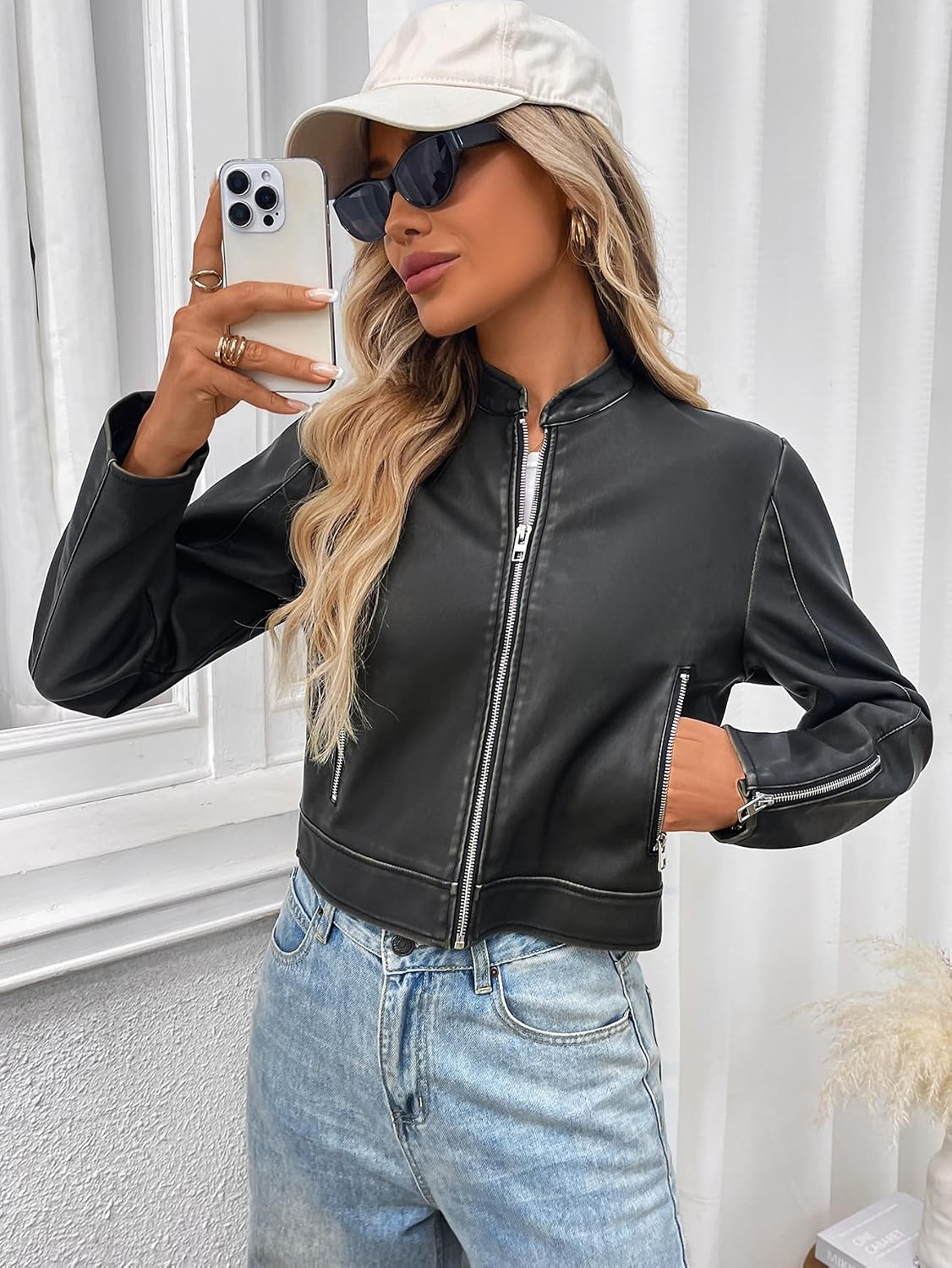 image:imageLY VAREY LIN Womens Faux Leather Varsity Jacket Biker Baseball Streetwear Casual CoatDark Green