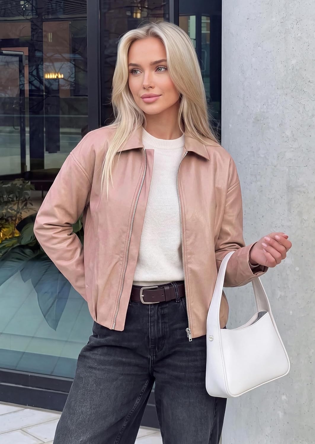 image:imagePRETTYGARDEN Womens Faux Leather Motorcycle Jackets Fall Cropped CoatsPink