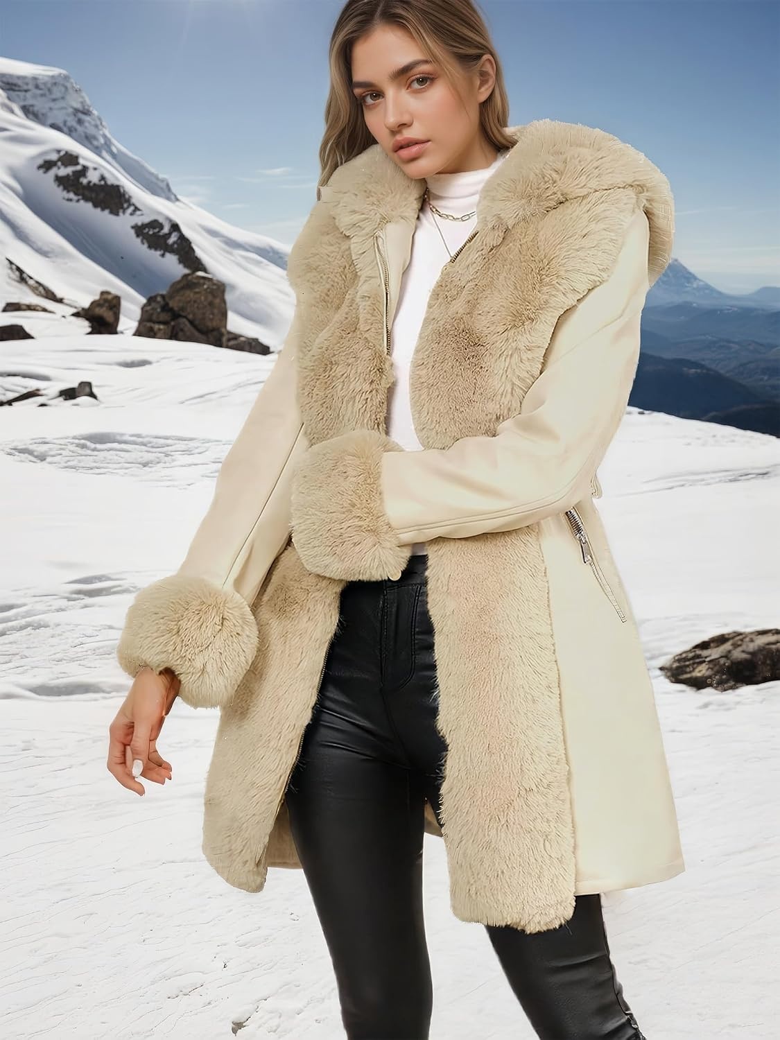 image:imageRISISSIDA Women Fur Lined Faux Leather Jacket Winter CoatBeige