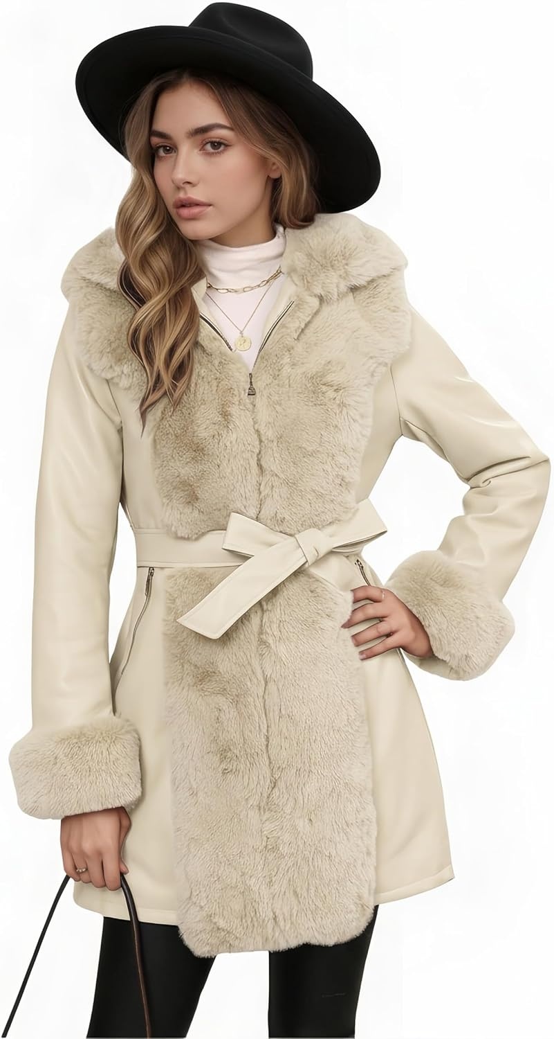 image:imageRISISSIDA Women Fur Lined Faux Leather Jacket Winter CoatBeige