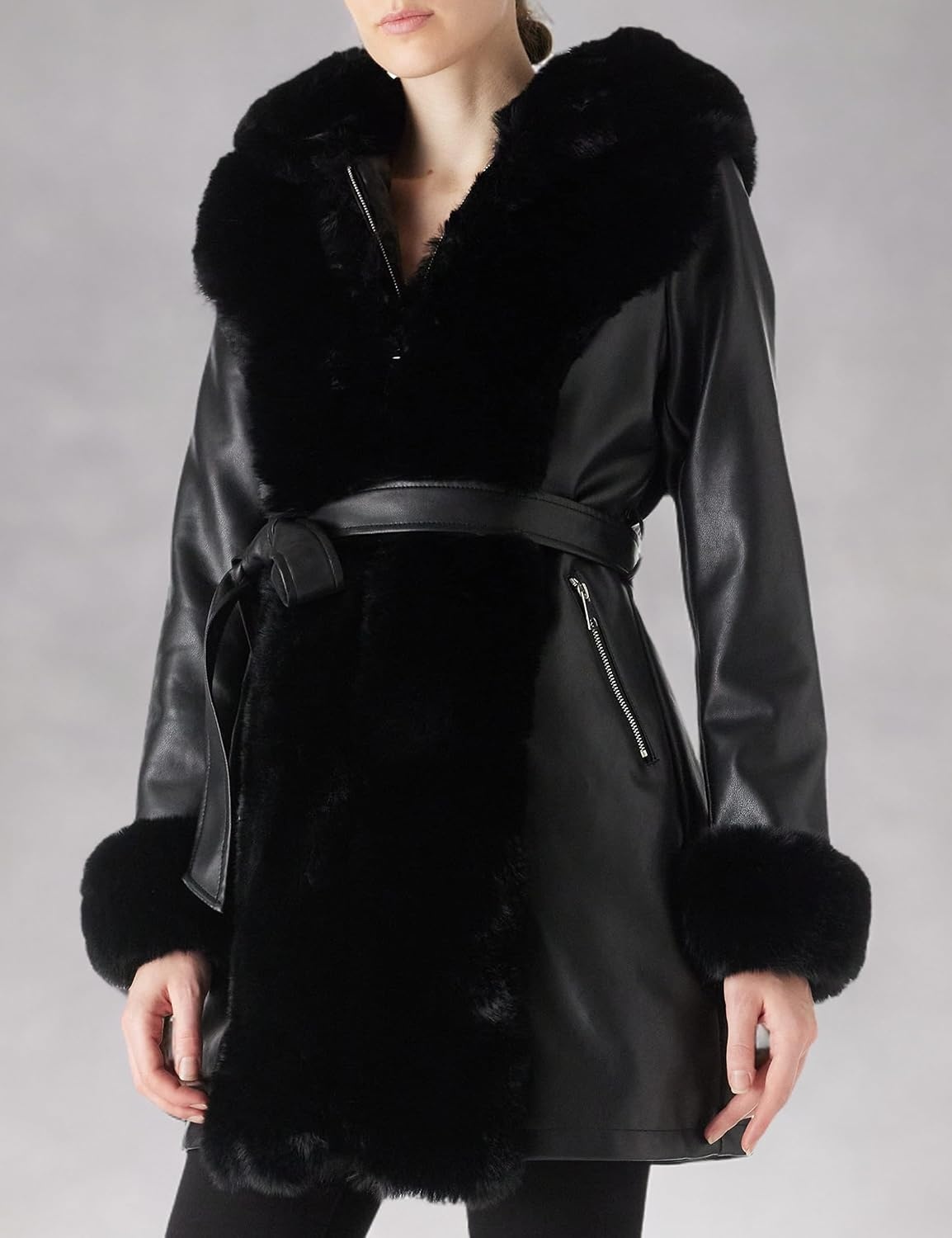 image:imageRISISSIDA Women Fur Lined Faux Leather Jacket Winter CoatBlack