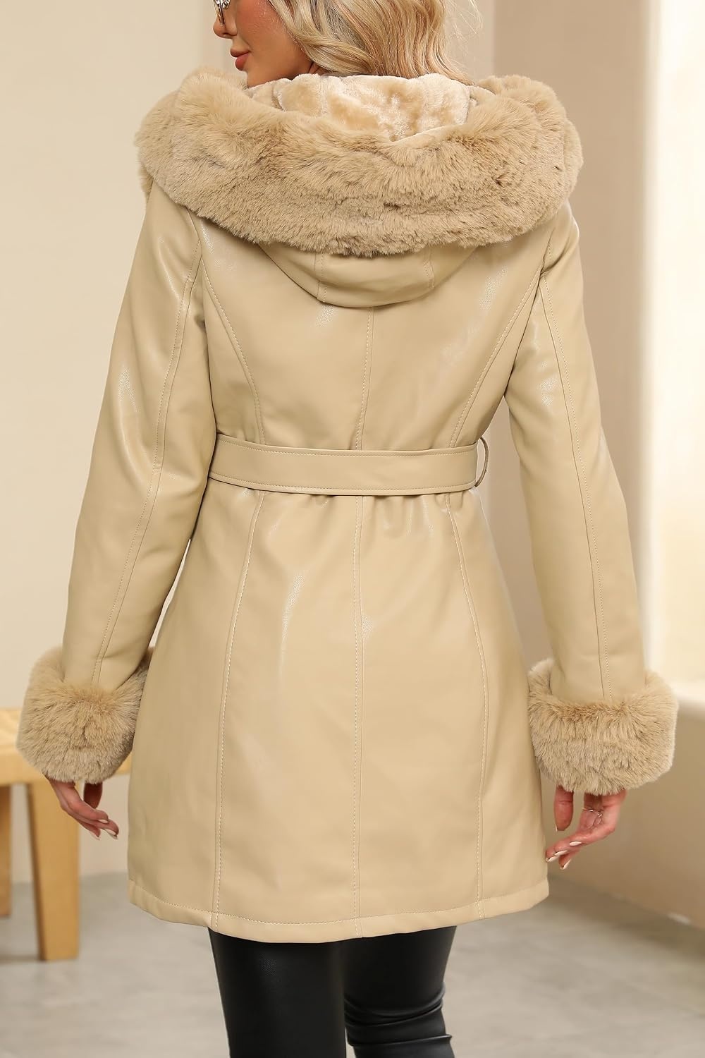image:imageRISISSIDA Women Fur Lined Faux Leather Jacket Winter CoatKhaki