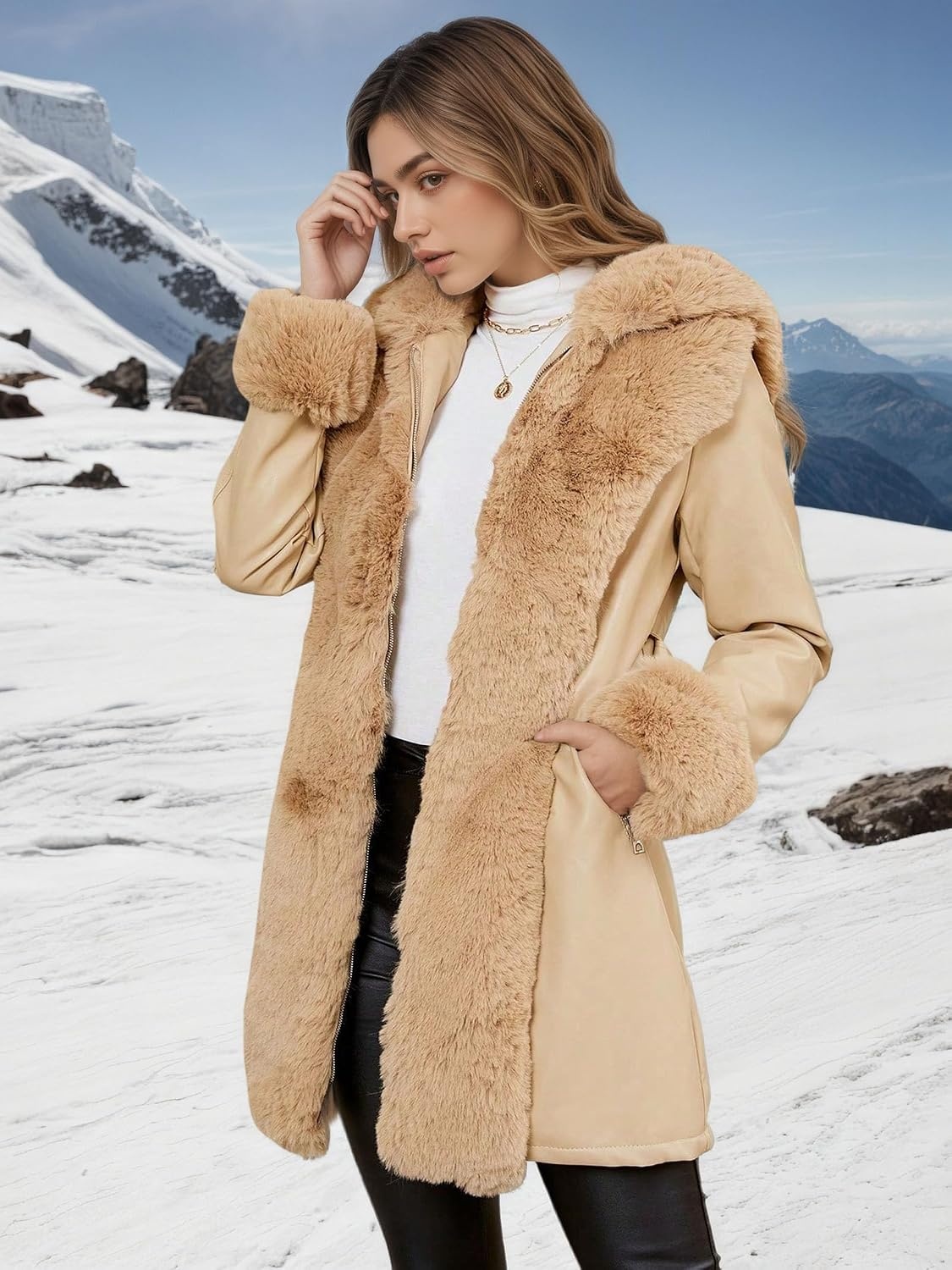 image:imageRISISSIDA Women Fur Lined Faux Leather Jacket Winter CoatKhaki