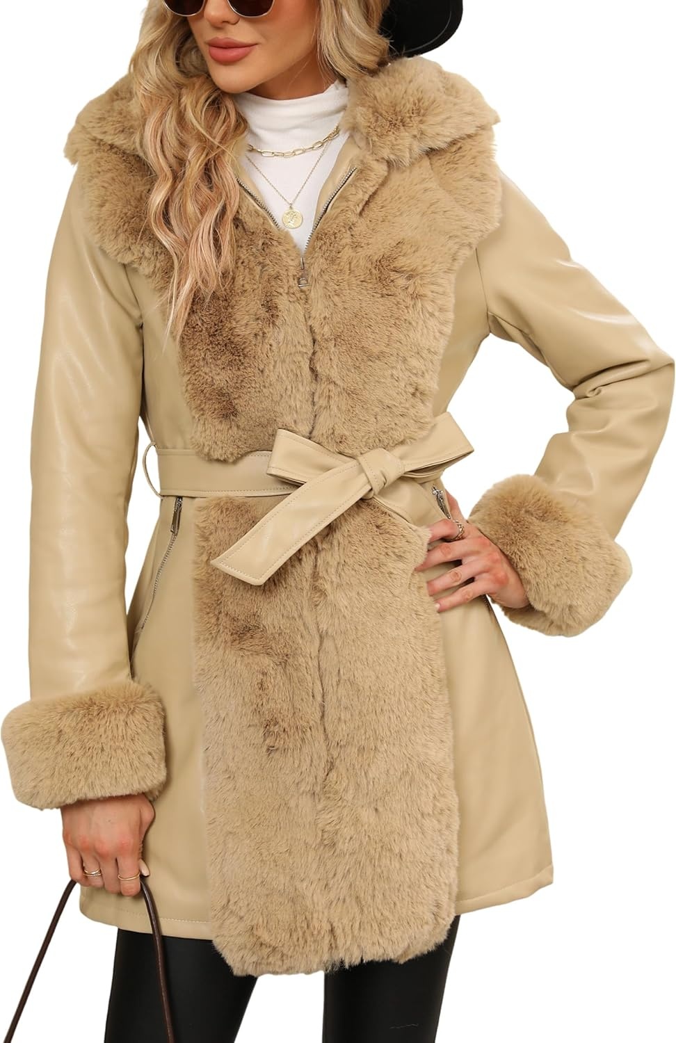 image:imageRISISSIDA Women Fur Lined Faux Leather Jacket Winter CoatKhaki