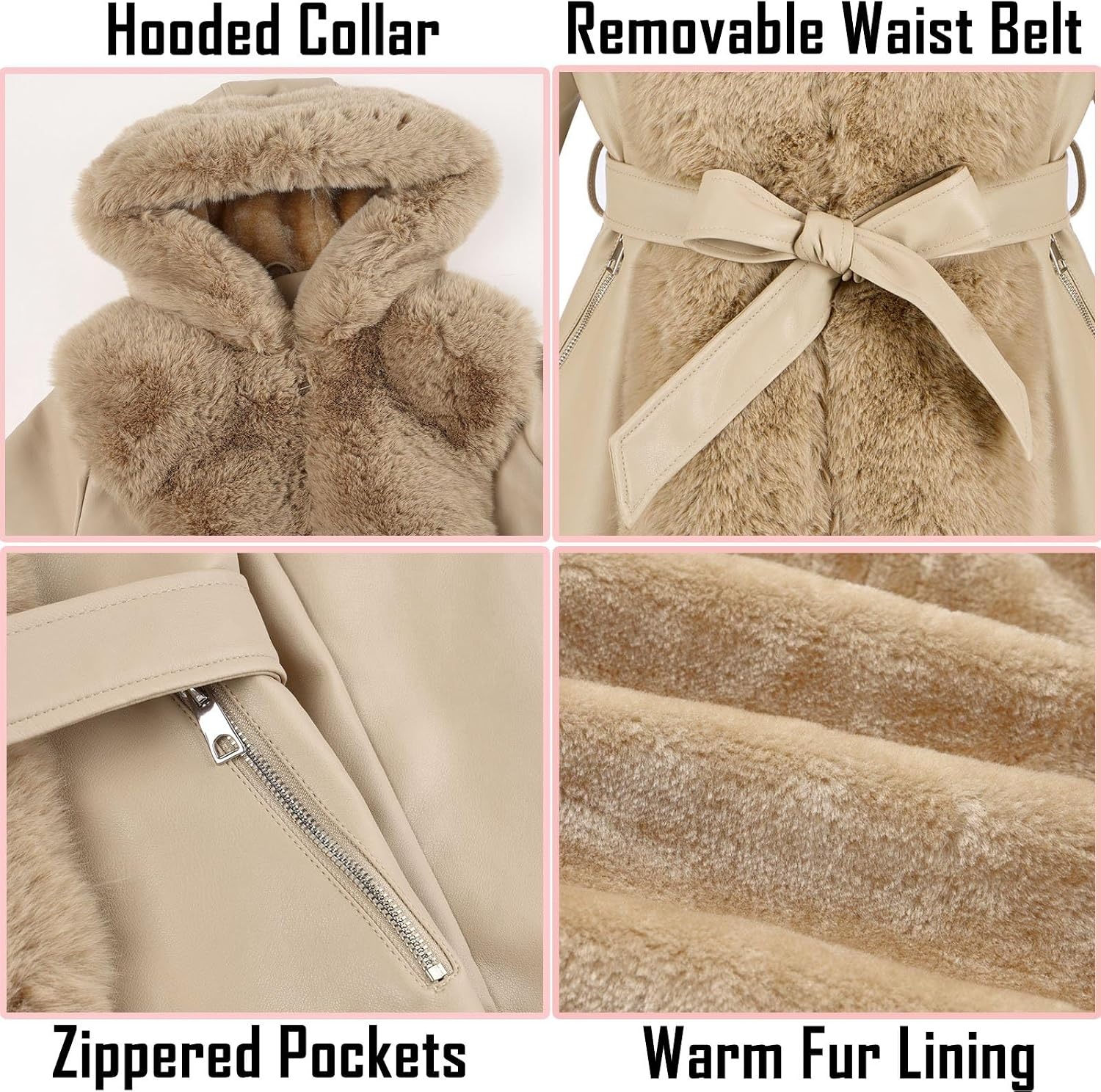 image:imageRISISSIDA Women Fur Lined Faux Leather Jacket Winter CoatKhaki