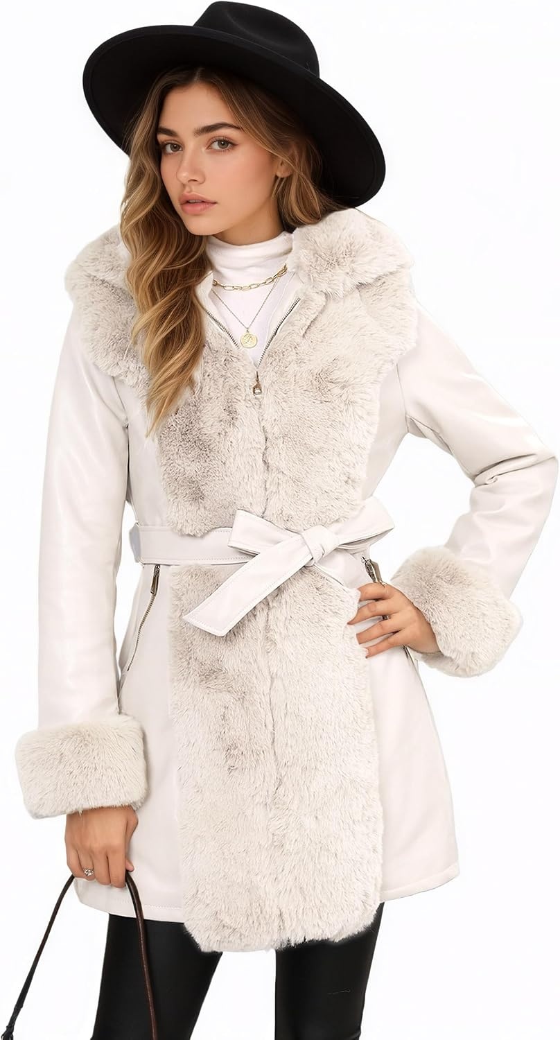 image:imageRISISSIDA Women Fur Lined Faux Leather Jacket Winter CoatWhite