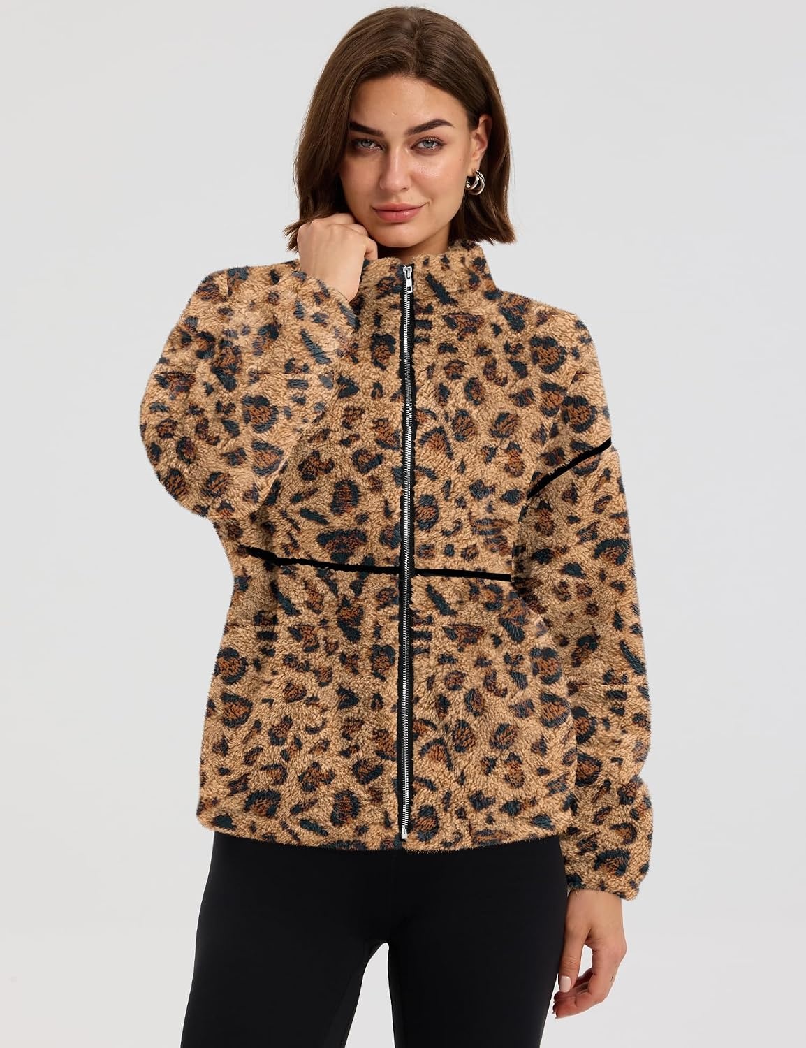 image:imageRapbin Womens Sherpa Fleece Jacket Zip Up Winter CoatsBrown Leopard Print