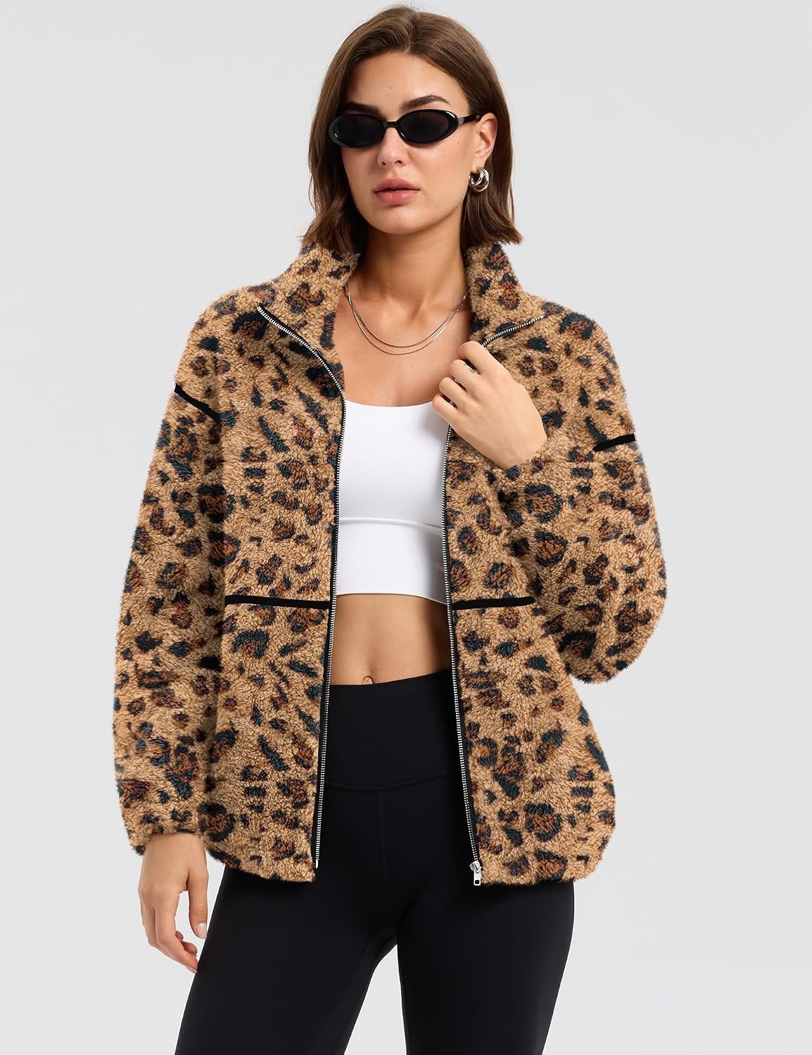 image:imageRapbin Womens Sherpa Fleece Jacket Zip Up Winter CoatsBrown Leopard Print