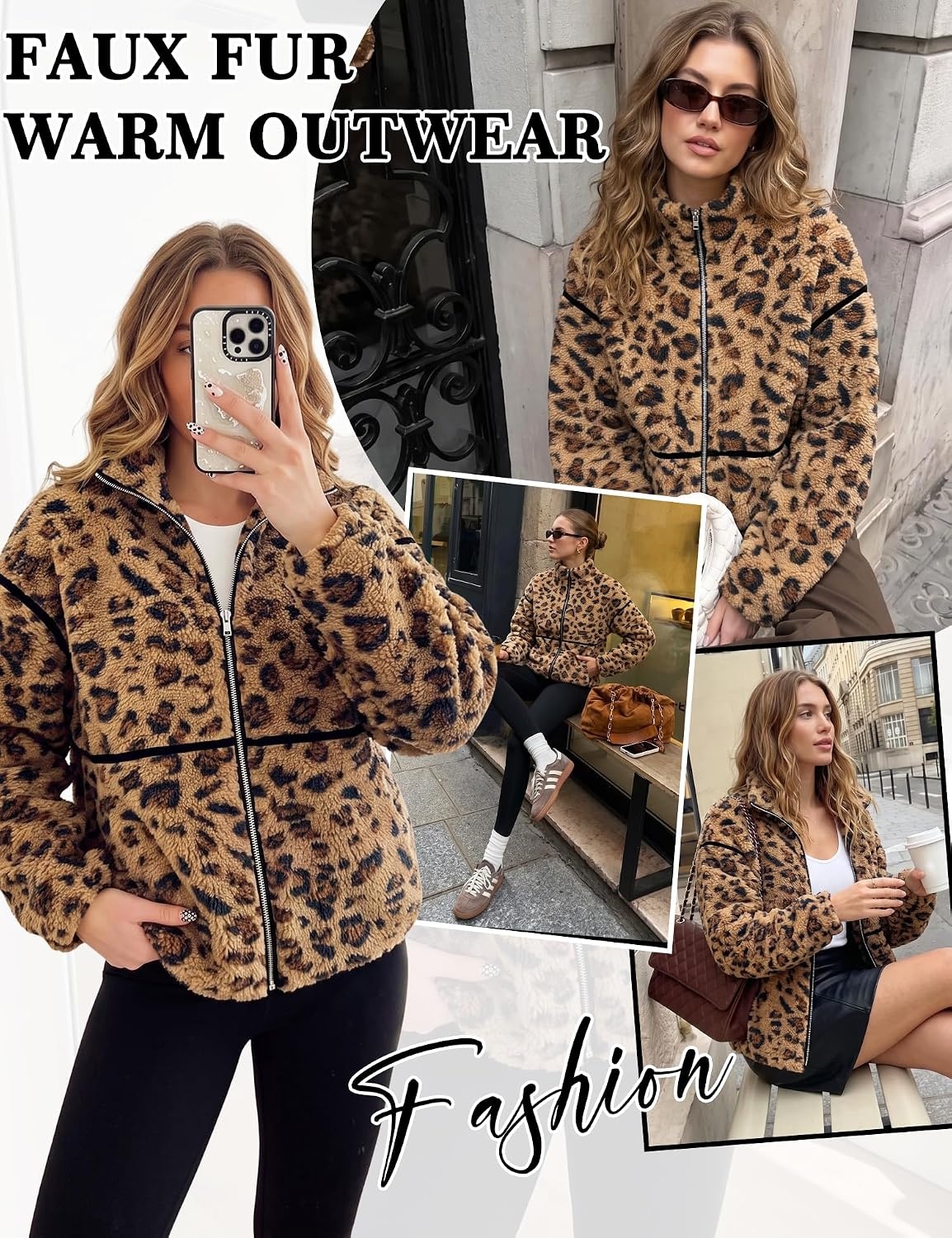 image:imageRapbin Womens Sherpa Fleece Jacket Zip Up Winter CoatsBrown Leopard Print