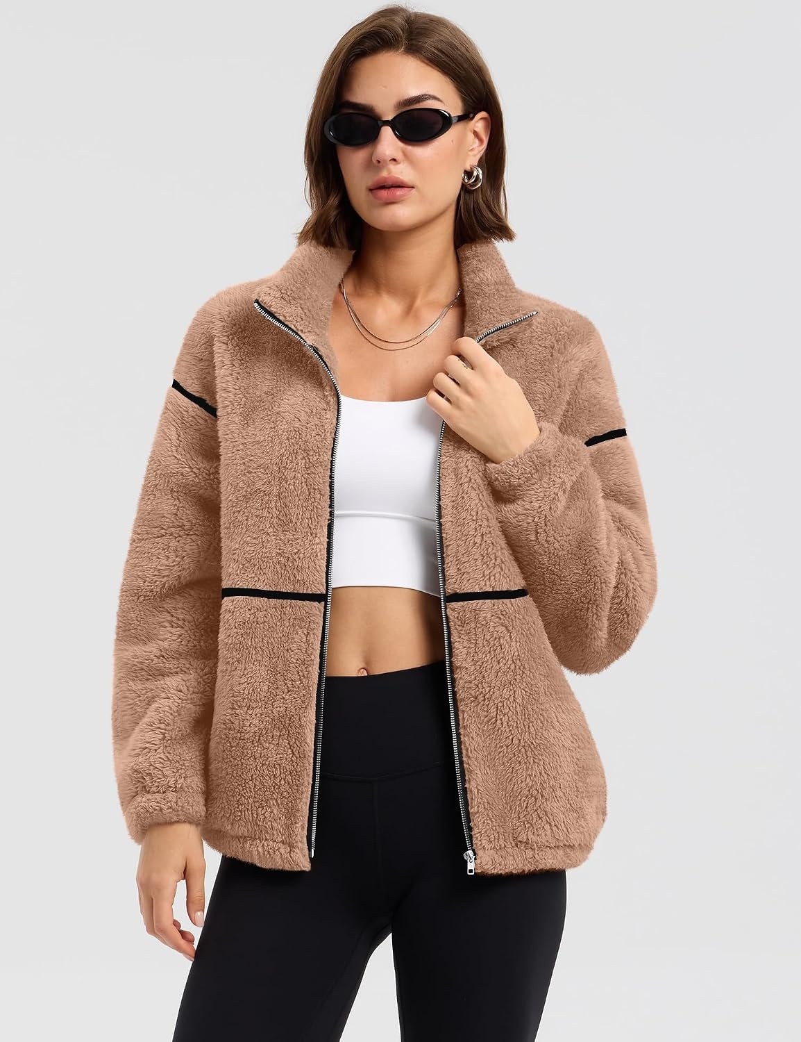 image:imageRapbin Womens Sherpa Fleece Jacket Zip Up Winter CoatsKhaki