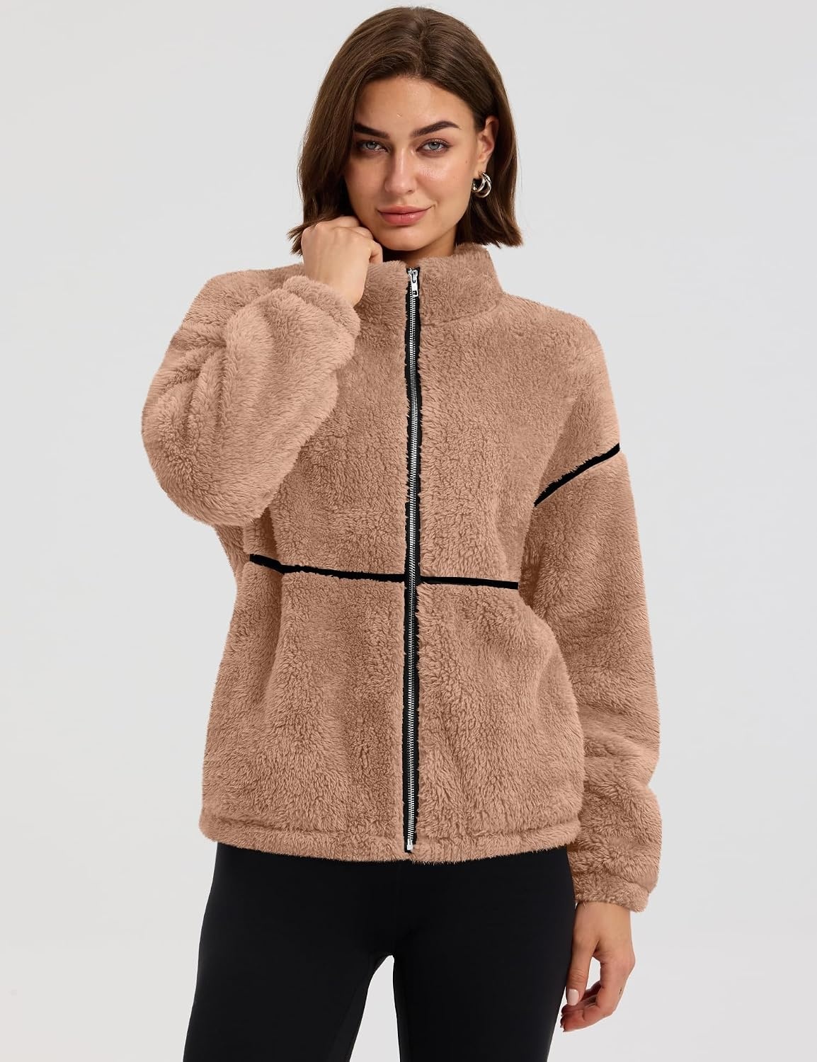 image:imageRapbin Womens Sherpa Fleece Jacket Zip Up Winter CoatsKhaki