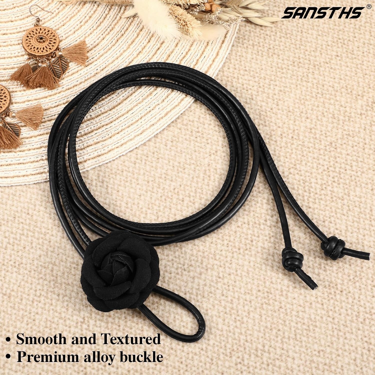 image:imageSANSTHS Knotted Waist Belt for Women Rope Thin Belts for Dresses Pants and CoatsBlackwith Flower Knot