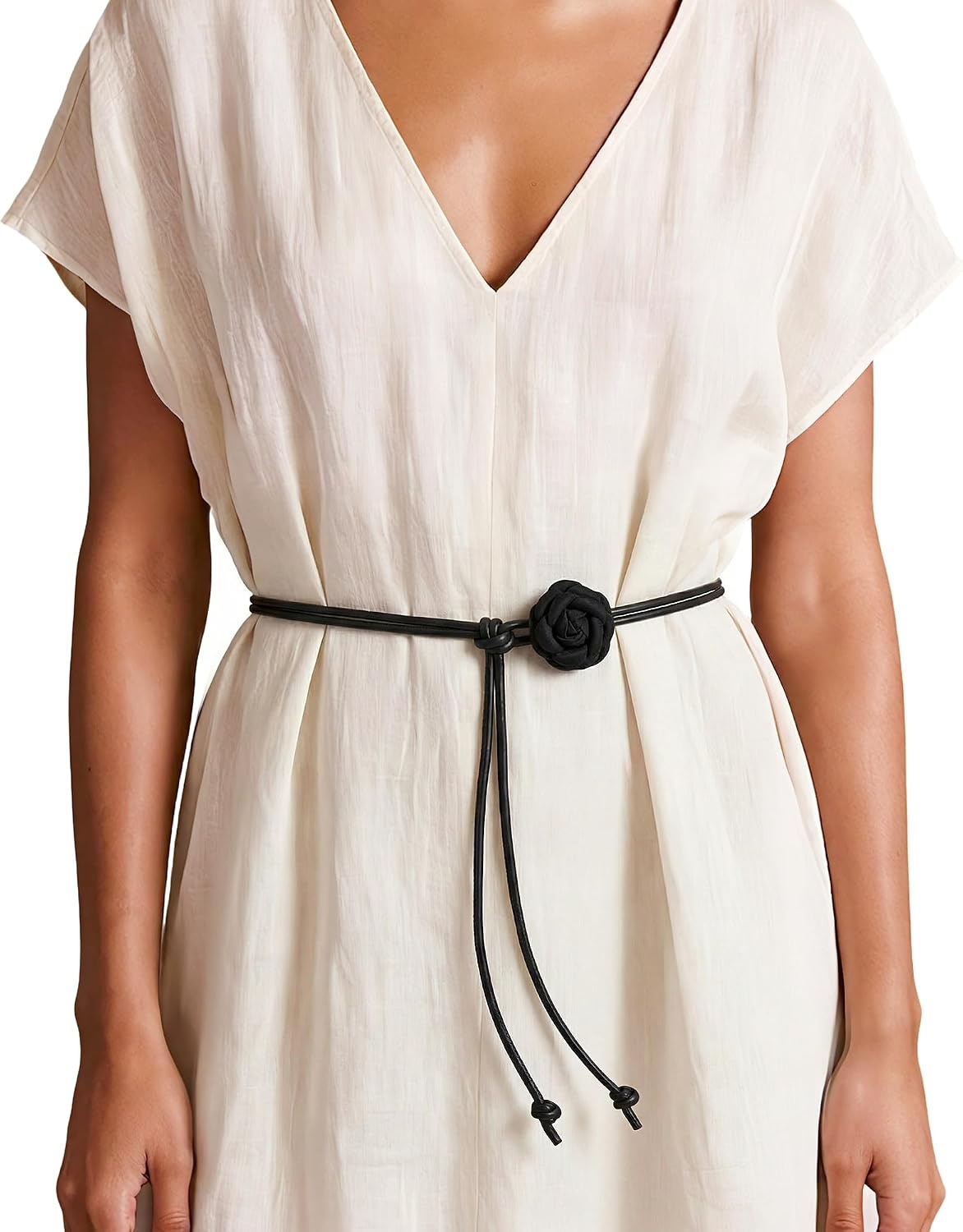 image:imageSANSTHS Knotted Waist Belt for Women Rope Thin Belts for Dresses Pants and CoatsBlackwith Flower Knot