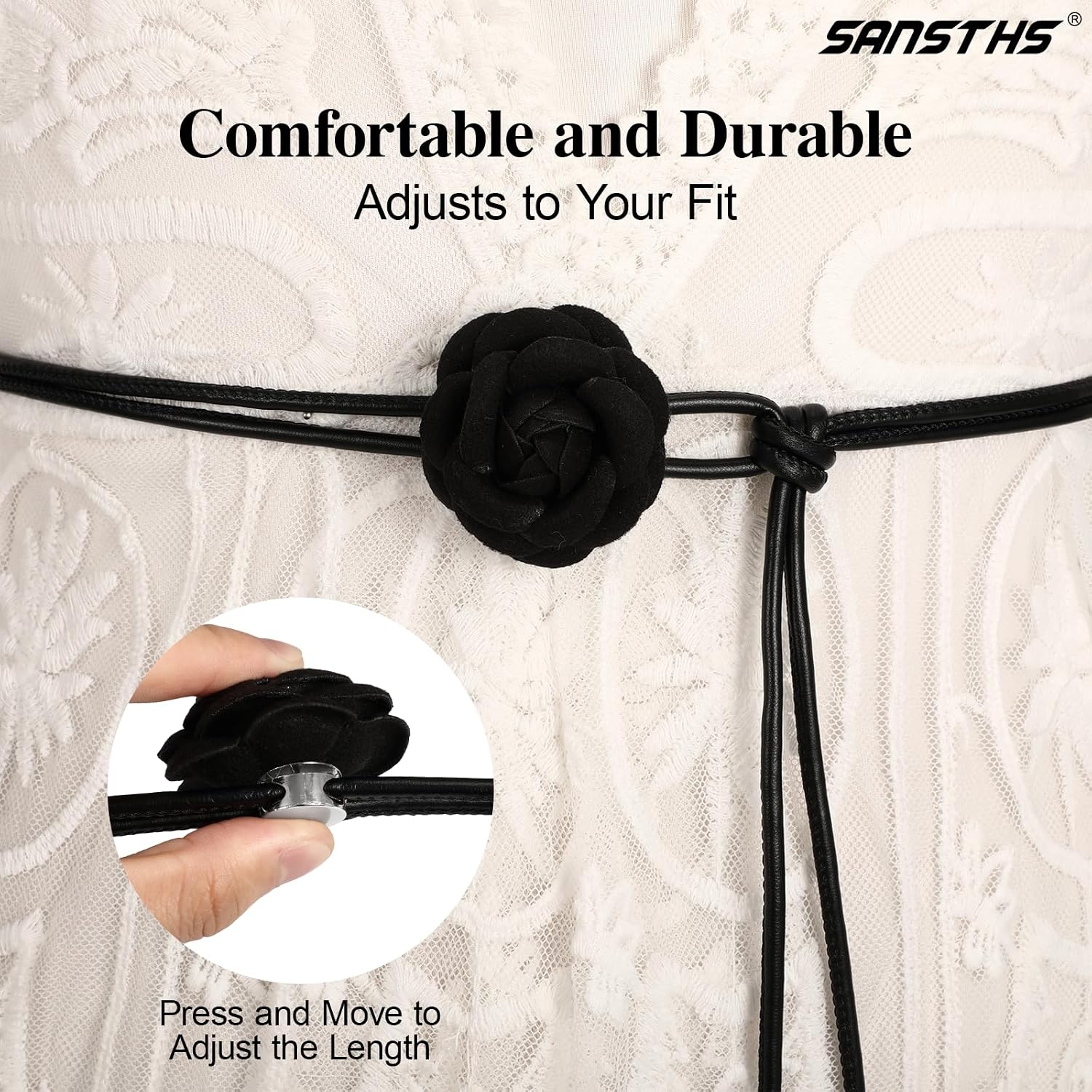 image:imageSANSTHS Knotted Waist Belt for Women Rope Thin Belts for Dresses Pants and CoatsBlackwith Flower Knot