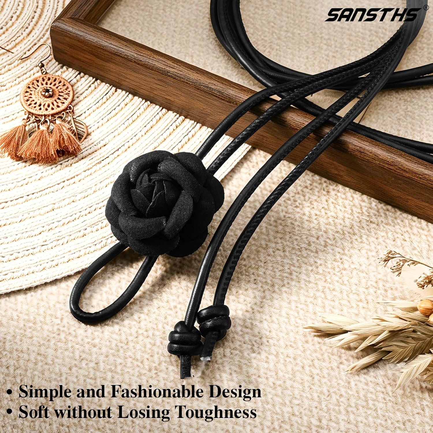 image:imageSANSTHS Knotted Waist Belt for Women Rope Thin Belts for Dresses Pants and CoatsBlackwith Flower Knot