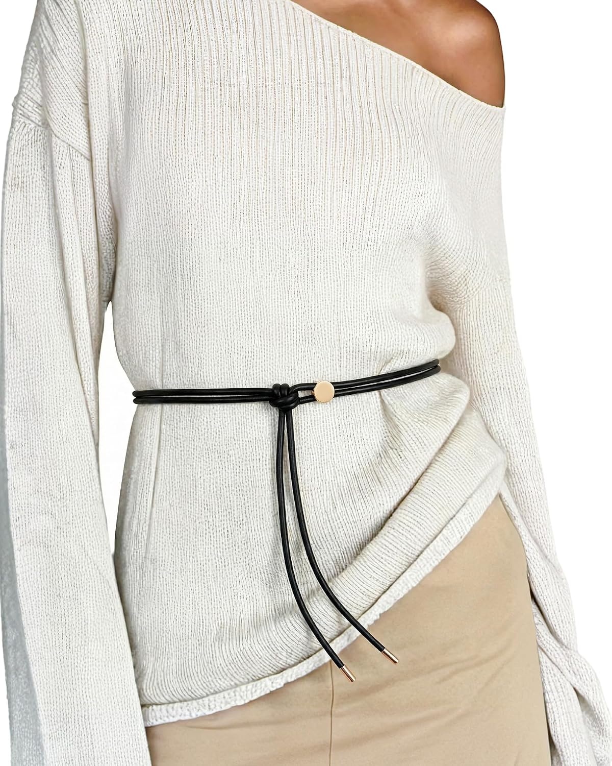 image:imageSANSTHS Knotted Waist Belt for Women Rope Thin Belts for Dresses Pants and CoatsBlackwith Gold Buckle