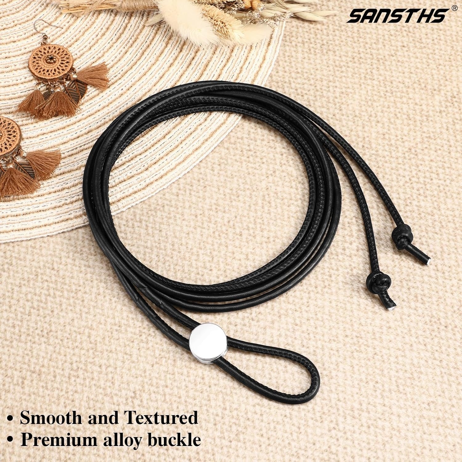 image:imageSANSTHS Knotted Waist Belt for Women Rope Thin Belts for Dresses Pants and CoatsBlackwith Silver Round Buckle