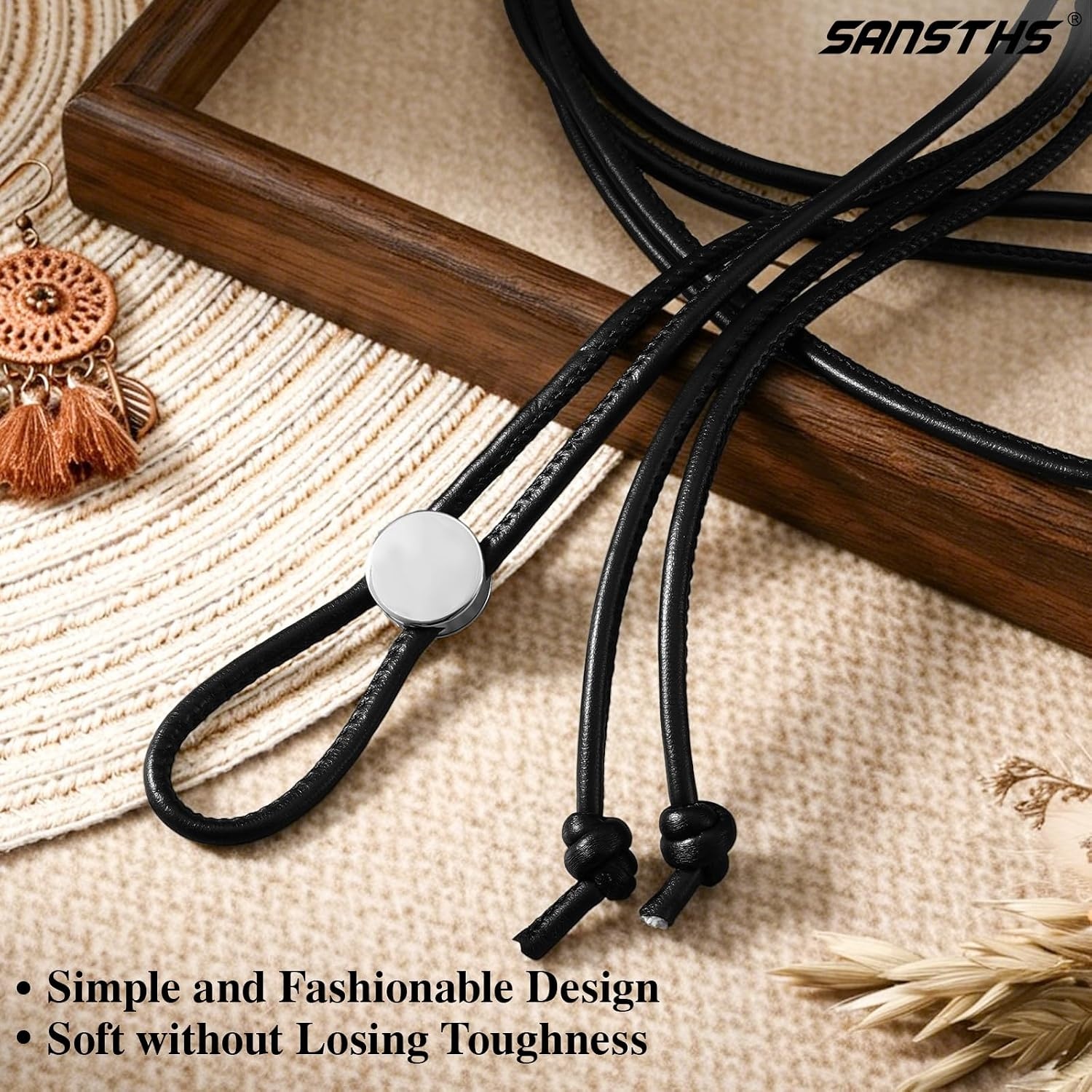 image:imageSANSTHS Knotted Waist Belt for Women Rope Thin Belts for Dresses Pants and CoatsBlackwith Silver Round Buckle