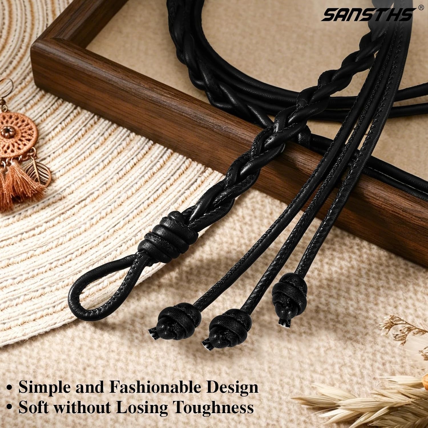 image:imageSANSTHS Knotted Waist Belt for Women Rope Thin Belts for Dresses Pants and CoatsBlackwith Twist Knot