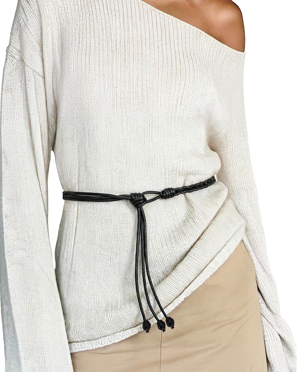 image:imageSANSTHS Knotted Waist Belt for Women Rope Thin Belts for Dresses Pants and CoatsBlackwith Twist Knot