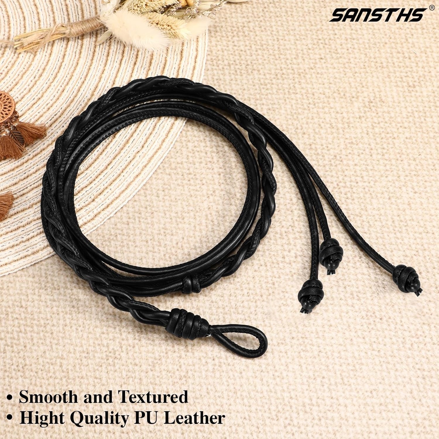 image:imageSANSTHS Knotted Waist Belt for Women Rope Thin Belts for Dresses Pants and CoatsBlackwith Twist Knot