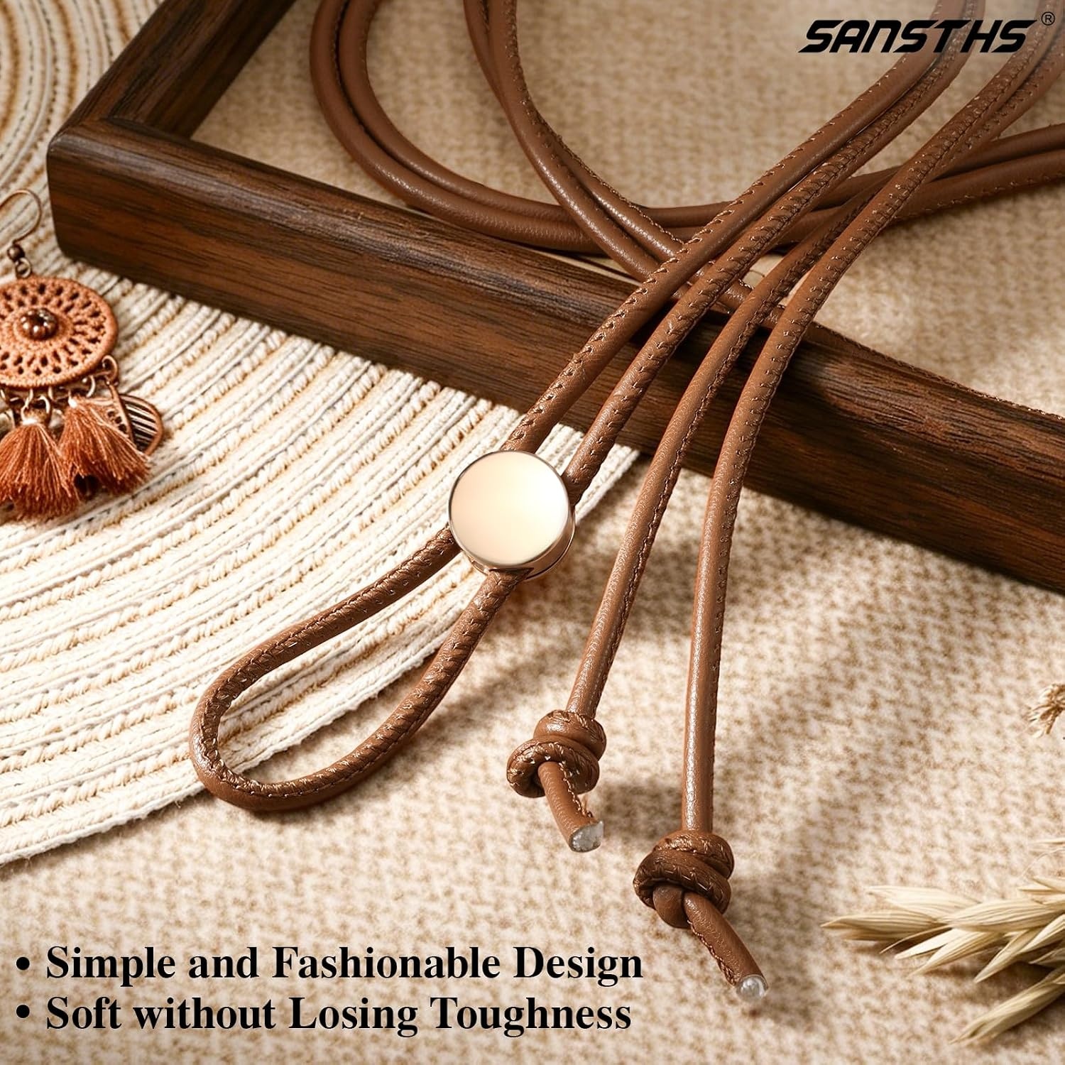 image:imageSANSTHS Knotted Waist Belt for Women Rope Thin Belts for Dresses Pants and CoatsBrownwith Gold Buckle