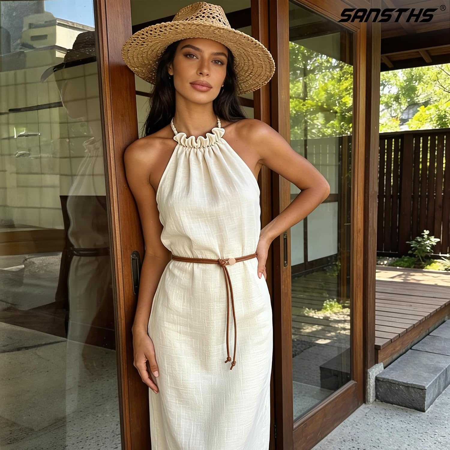 image:imageSANSTHS Knotted Waist Belt for Women Rope Thin Belts for Dresses Pants and CoatsBrownwith Gold Buckle