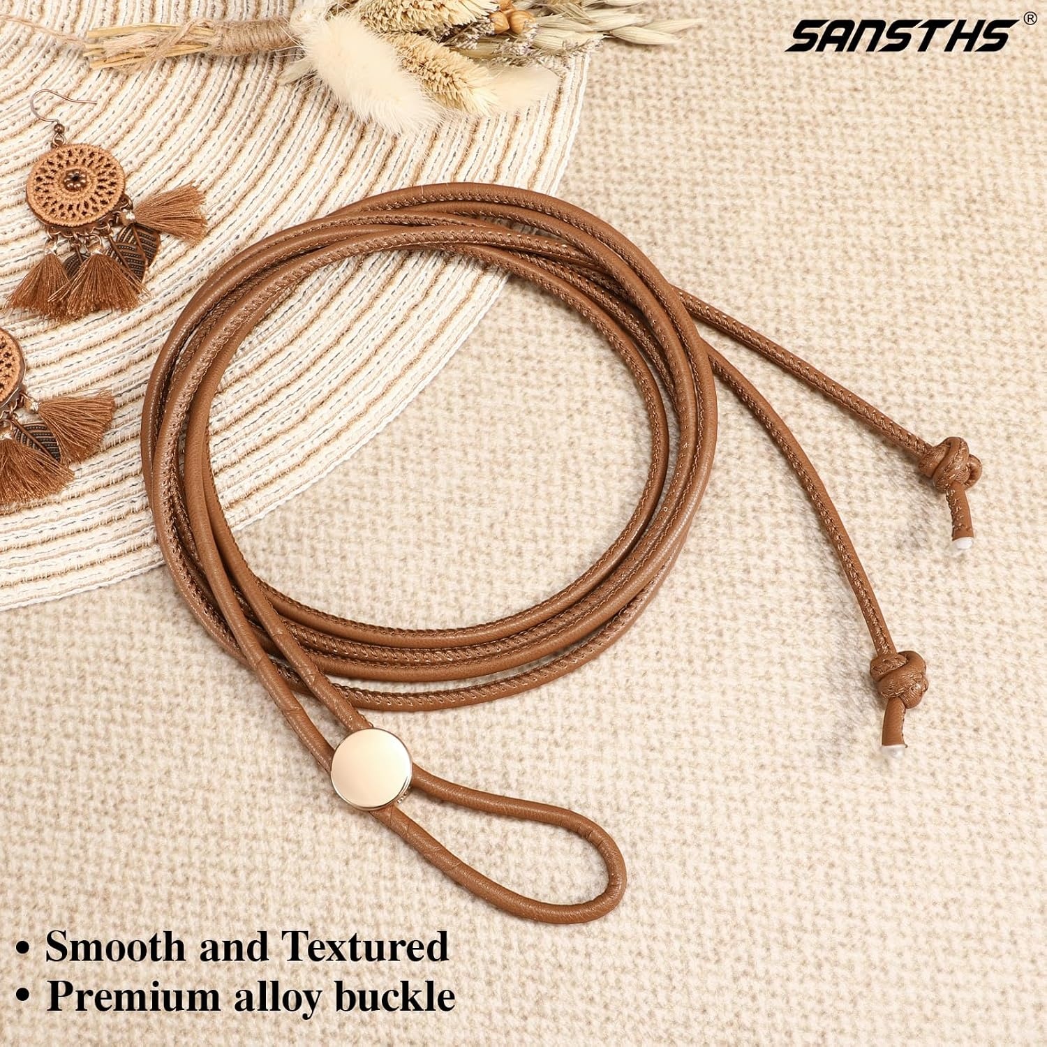 image:imageSANSTHS Knotted Waist Belt for Women Rope Thin Belts for Dresses Pants and CoatsBrownwith Gold Buckle