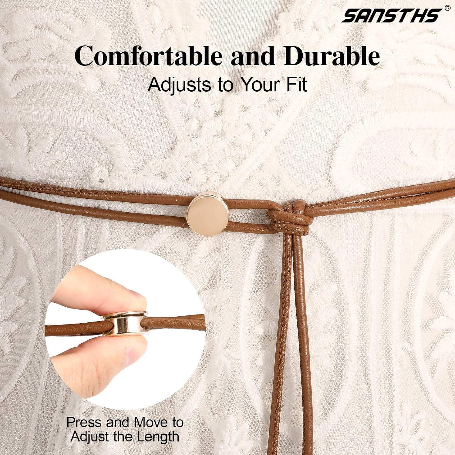 image:imageSANSTHS Knotted Waist Belt for Women Rope Thin Belts for Dresses Pants and CoatsBrownwith Gold Buckle