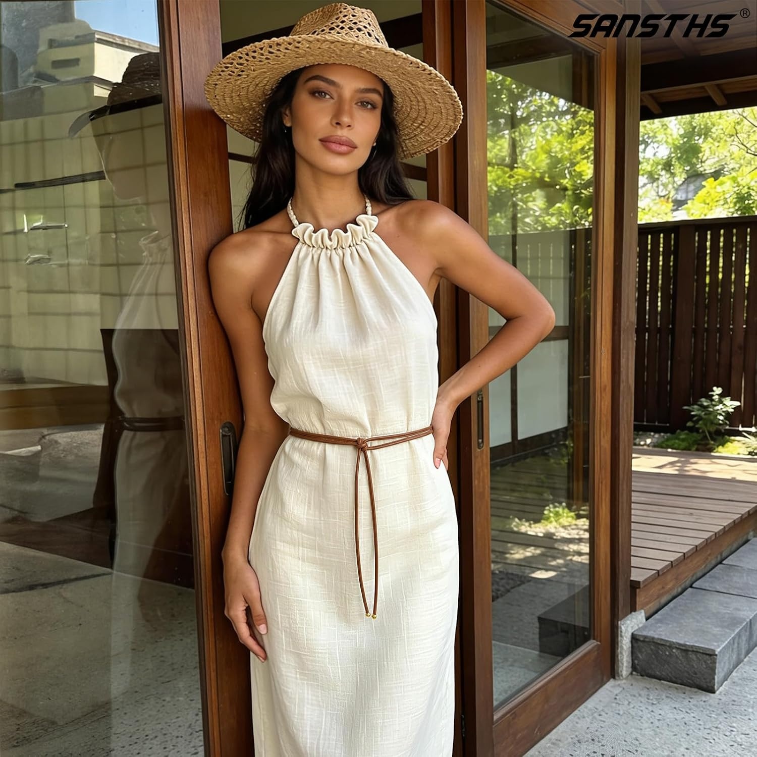 image:imageSANSTHS Knotted Waist Belt for Women Rope Thin Belts for Dresses Pants and CoatsBrownwith Golden Pendant