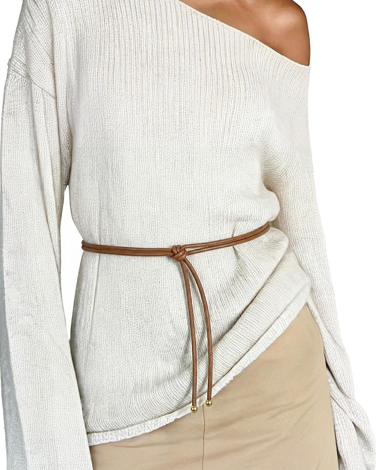 image:imageSANSTHS Knotted Waist Belt for Women Rope Thin Belts for Dresses Pants and CoatsBrownwith Golden Pendant