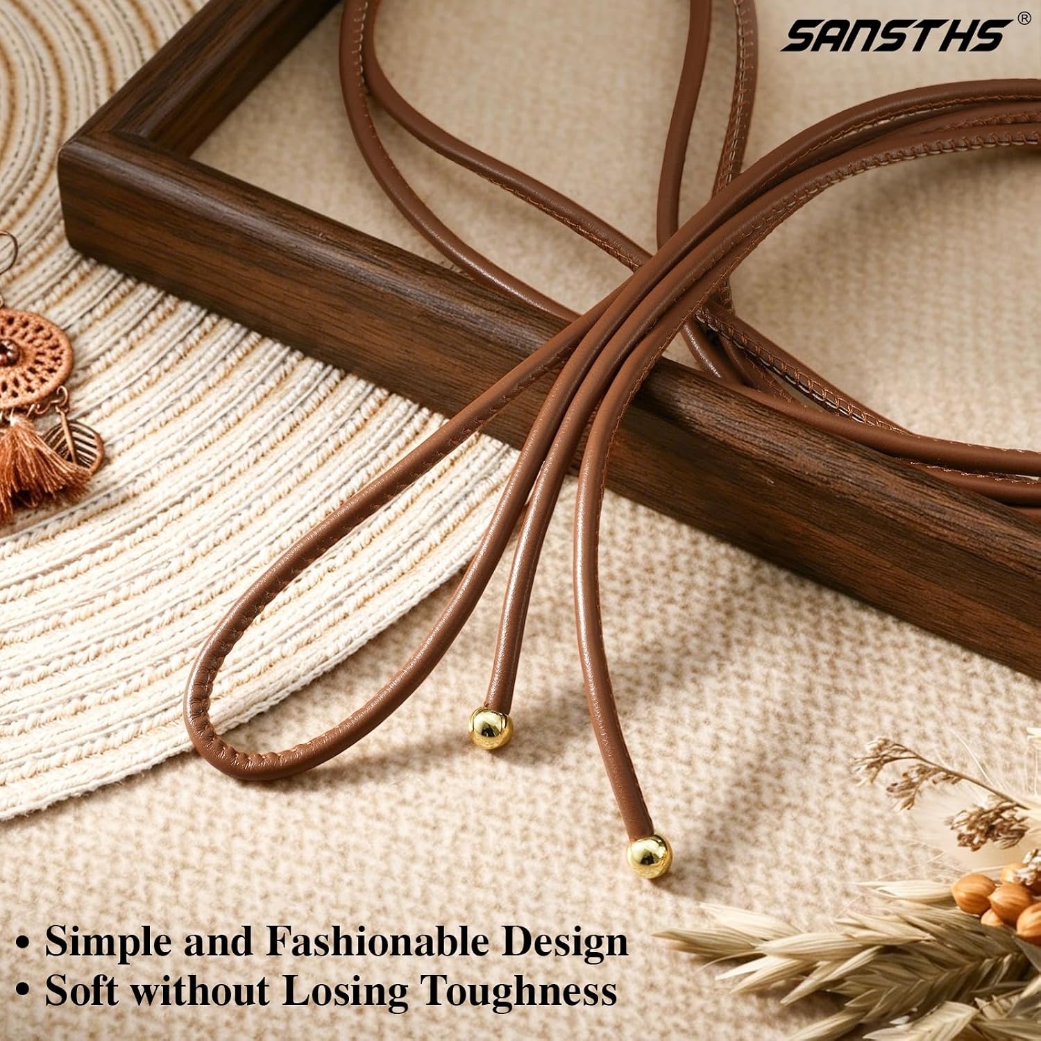 image:imageSANSTHS Knotted Waist Belt for Women Rope Thin Belts for Dresses Pants and CoatsBrownwith Golden Pendant