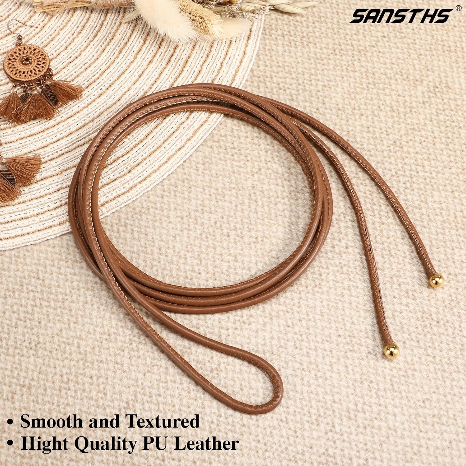 image:imageSANSTHS Knotted Waist Belt for Women Rope Thin Belts for Dresses Pants and CoatsBrownwith Golden Pendant