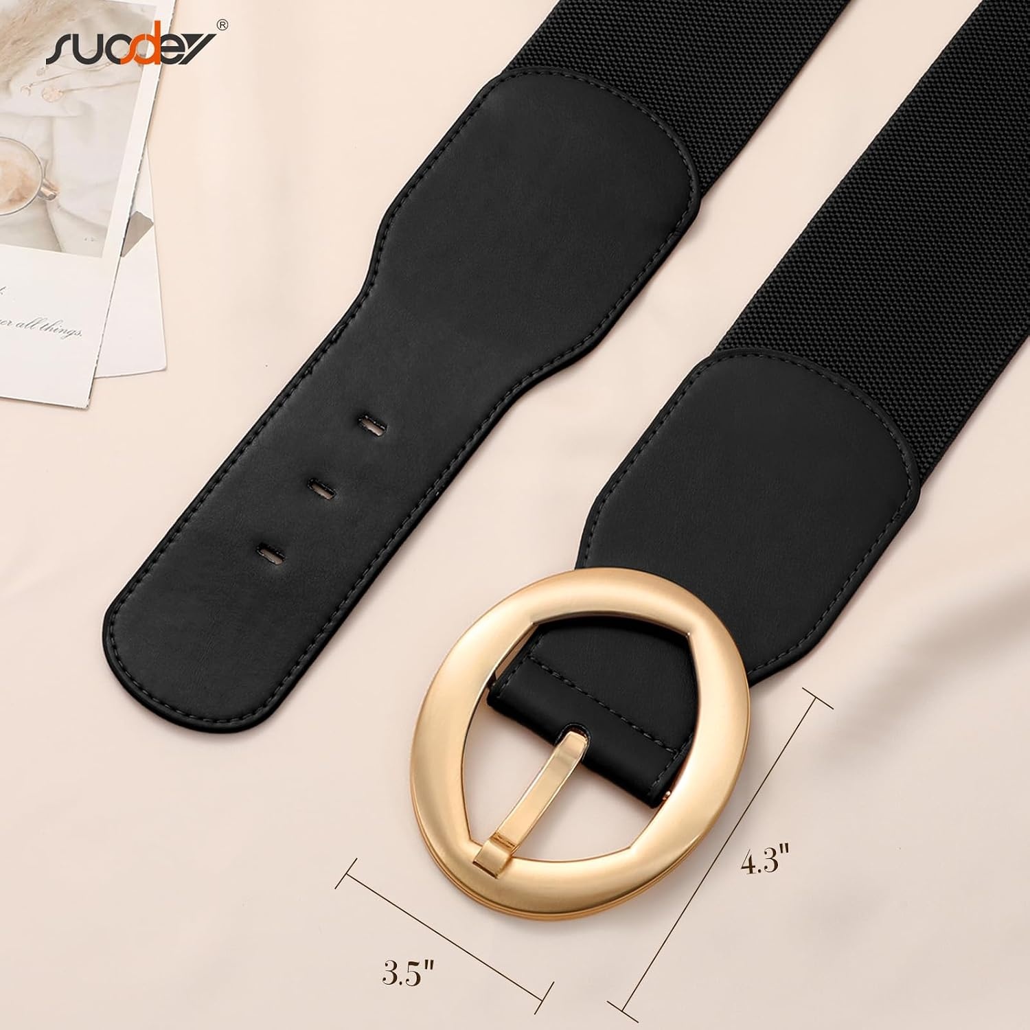 image:imageSUOSDEY Women Wide Stretchy Waist Belts for Dresses Fashion Oval Buckle Thick Elastic Belt 3 WidthAblack
