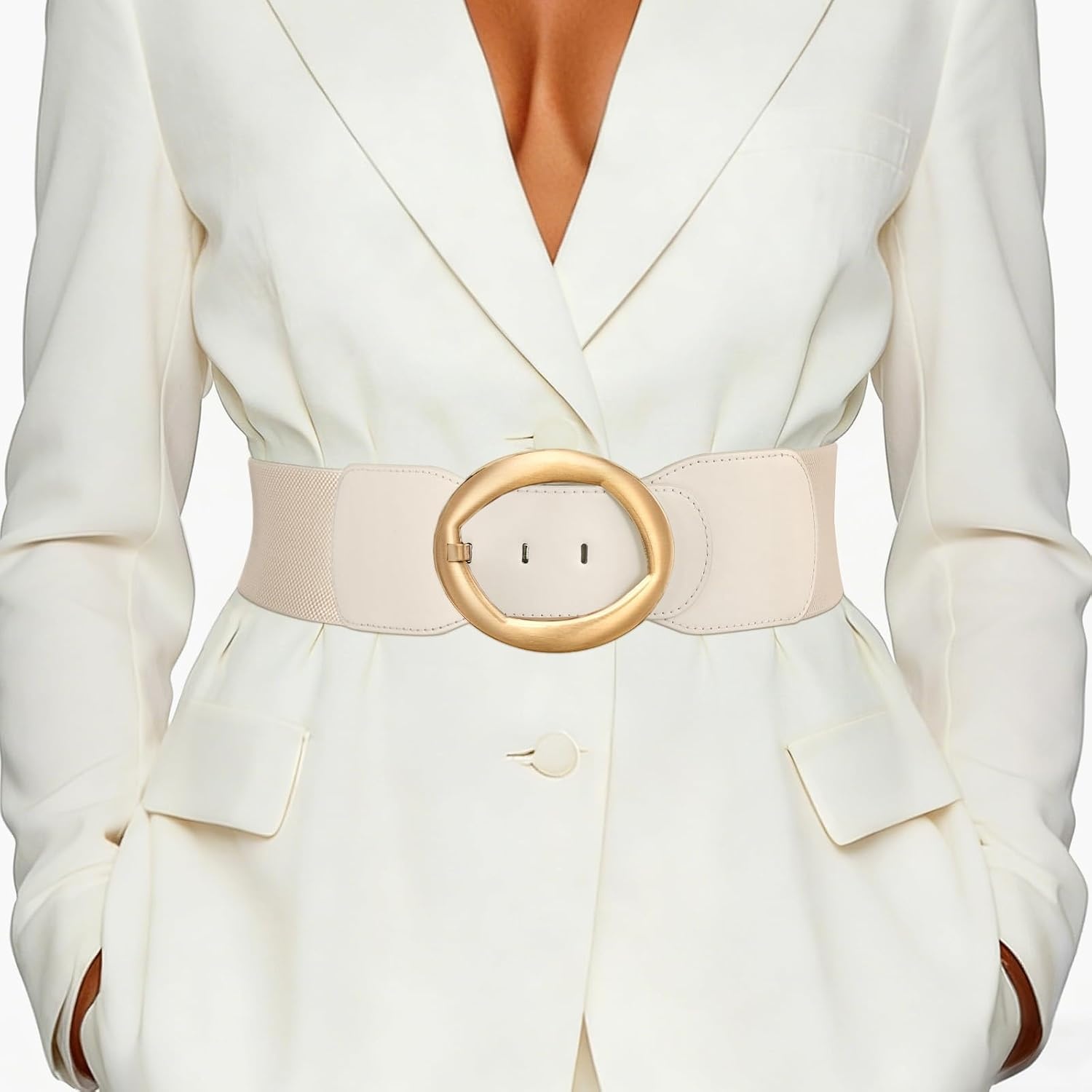 image:imageSUOSDEY Women Wide Stretchy Waist Belts for Dresses Fashion Oval Buckle Thick Elastic Belt 3 WidthBeige