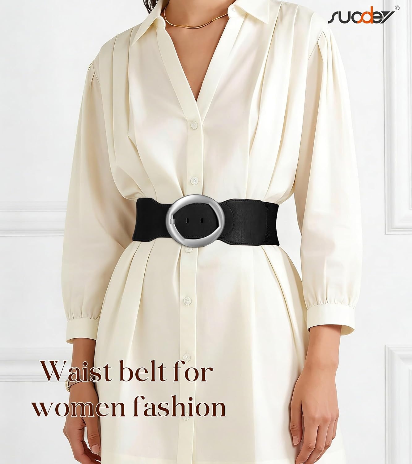 image:imageSUOSDEY Women Wide Stretchy Waist Belts for Dresses Fashion Oval Buckle Thick Elastic Belt 3 WidthBlack Silver