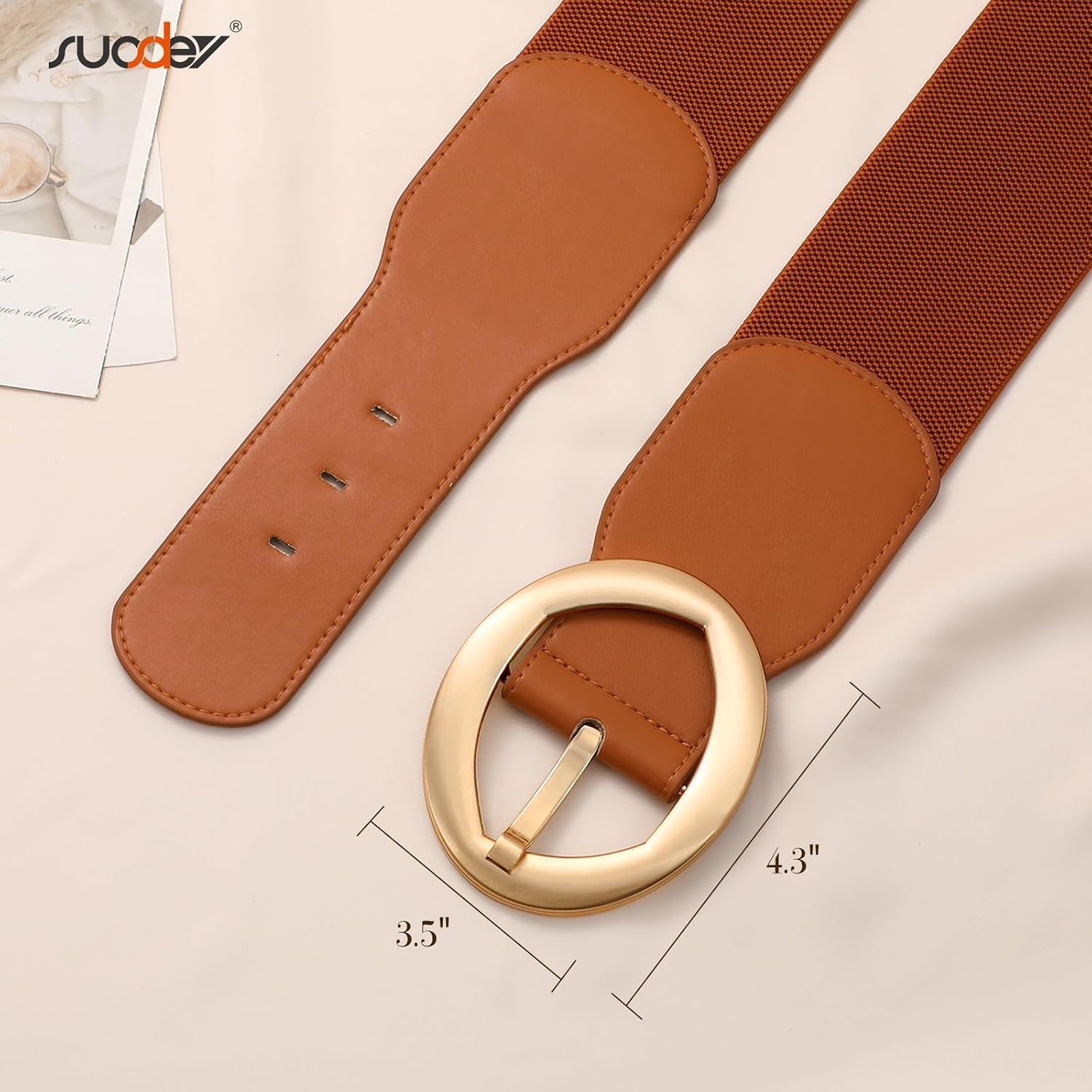 image:imageSUOSDEY Women Wide Stretchy Waist Belts for Dresses Fashion Oval Buckle Thick Elastic Belt 3 WidthBrown