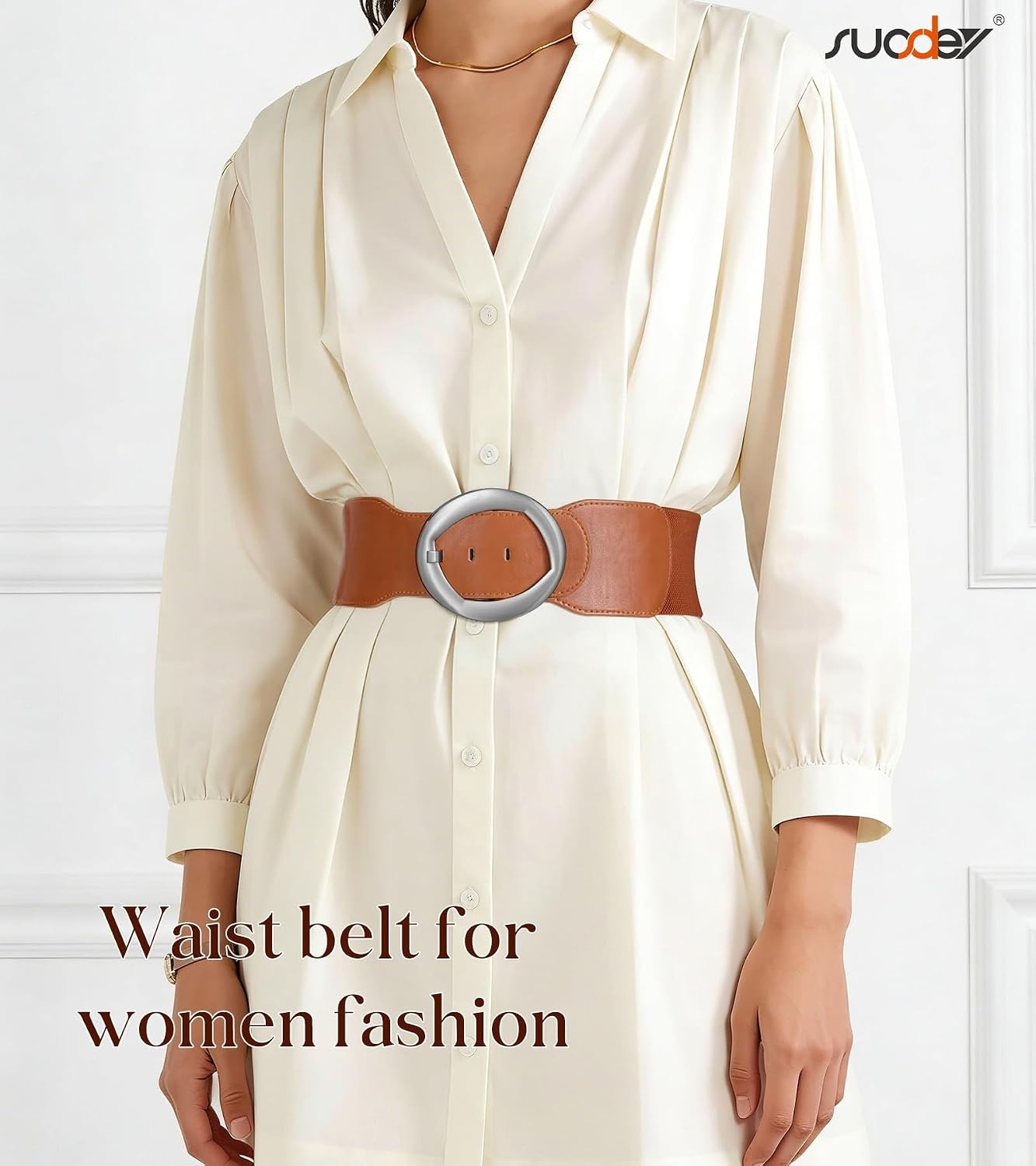 image:imageSUOSDEY Women Wide Stretchy Waist Belts for Dresses Fashion Oval Buckle Thick Elastic Belt 3 WidthBrown Silver