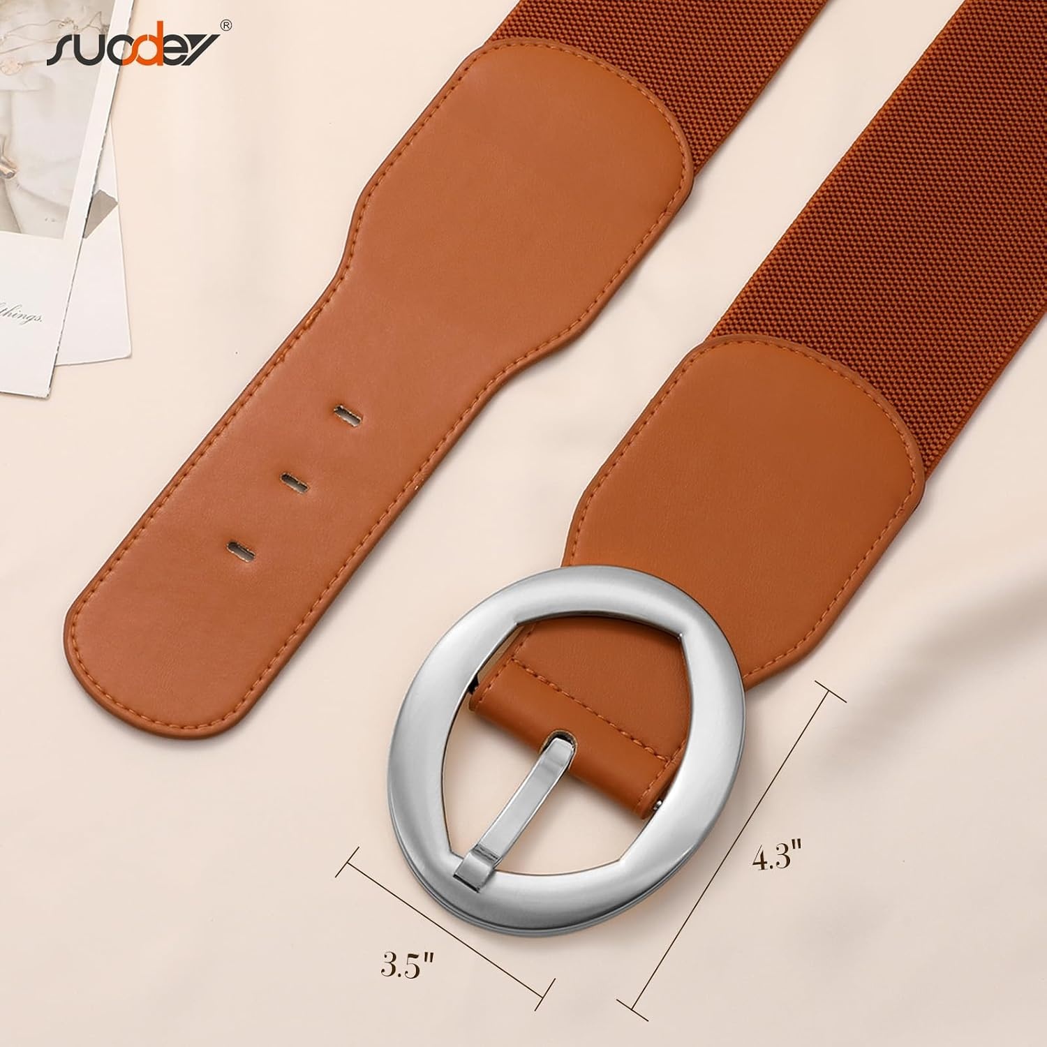 image:imageSUOSDEY Women Wide Stretchy Waist Belts for Dresses Fashion Oval Buckle Thick Elastic Belt 3 WidthBrown Silver