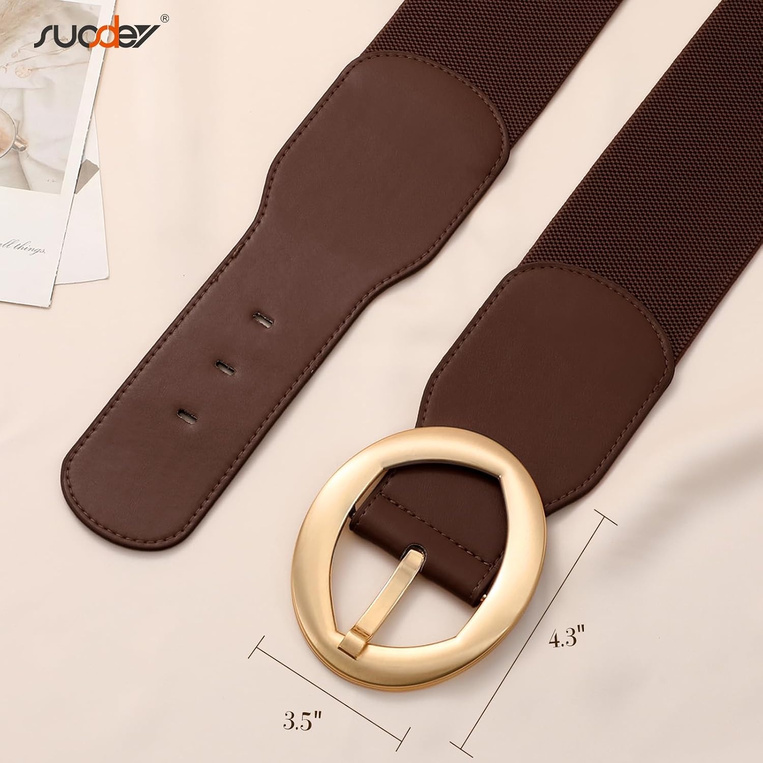 image:imageSUOSDEY Women Wide Stretchy Waist Belts for Dresses Fashion Oval Buckle Thick Elastic Belt 3 WidthCoffee