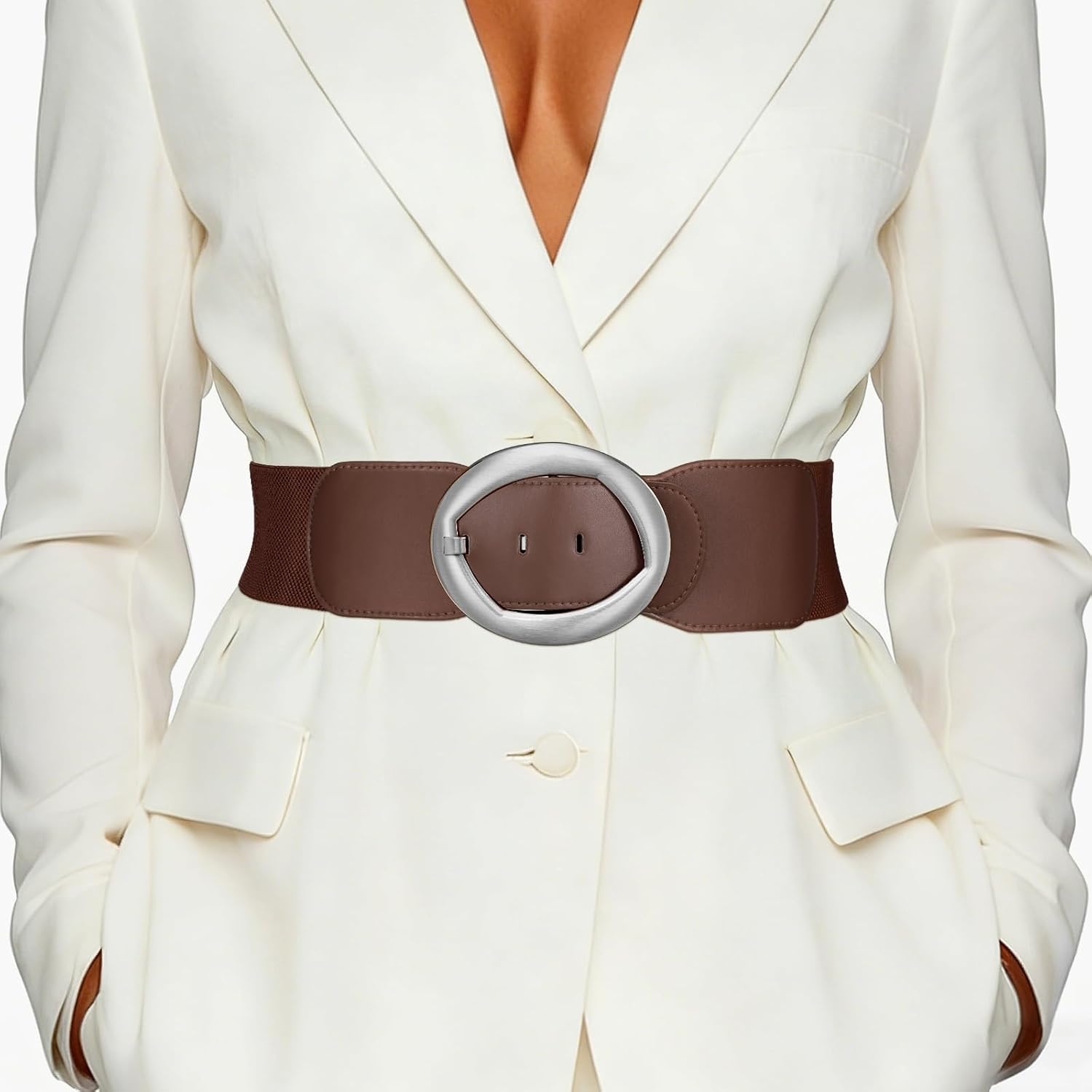 image:imageSUOSDEY Women Wide Stretchy Waist Belts for Dresses Fashion Oval Buckle Thick Elastic Belt 3 WidthCoffee Silver