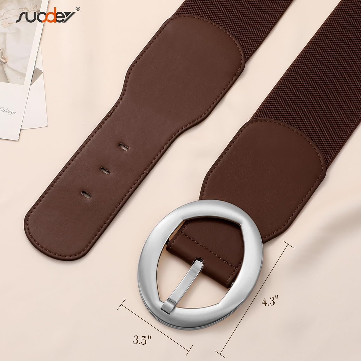 image:imageSUOSDEY Women Wide Stretchy Waist Belts for Dresses Fashion Oval Buckle Thick Elastic Belt 3 WidthCoffee Silver
