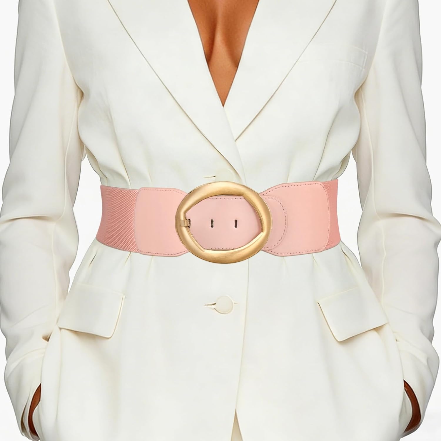 image:imageSUOSDEY Women Wide Stretchy Waist Belts for Dresses Fashion Oval Buckle Thick Elastic Belt 3 WidthPink