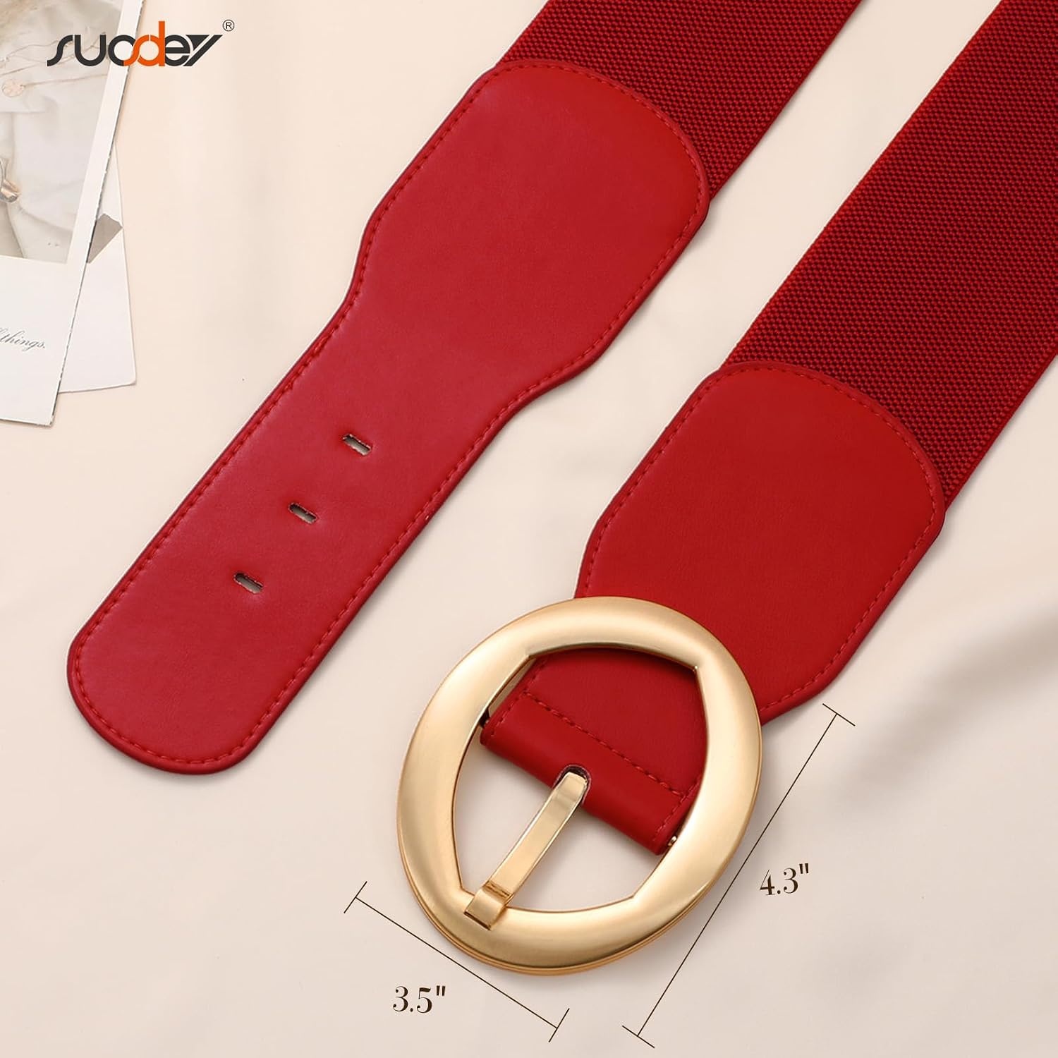image:imageSUOSDEY Women Wide Stretchy Waist Belts for Dresses Fashion Oval Buckle Thick Elastic Belt 3 WidthRed