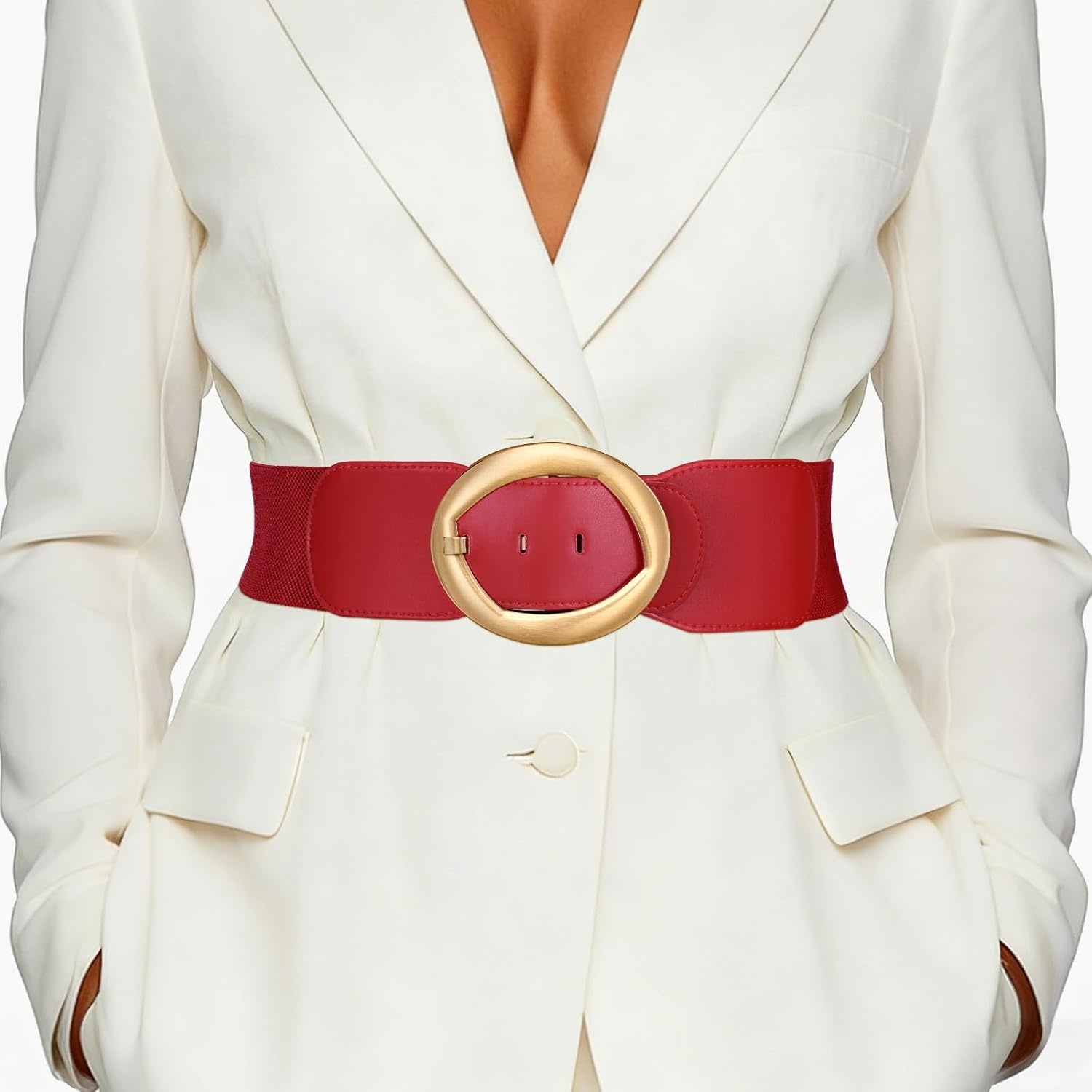 image:imageSUOSDEY Women Wide Stretchy Waist Belts for Dresses Fashion Oval Buckle Thick Elastic Belt 3 WidthRed
