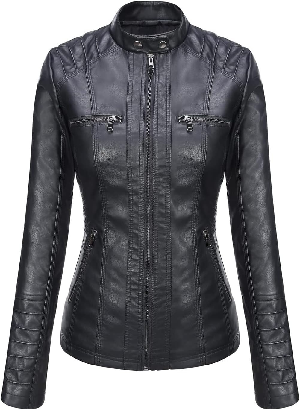 image:imageSpringrain Womens Faux Leather Jacket Moto Biker Coat for Fall and WinterBlack