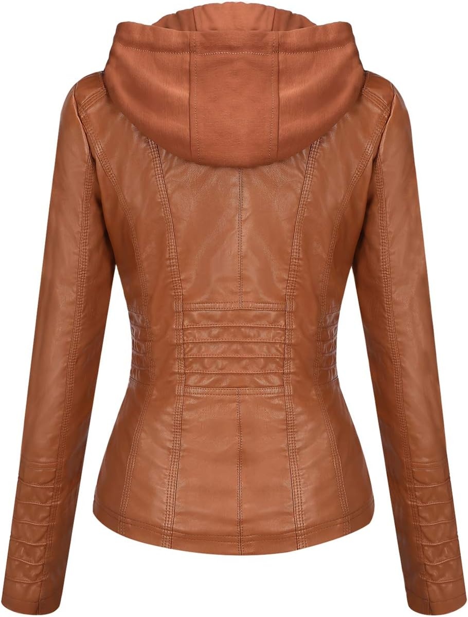 image:imageSpringrain Womens Faux Leather Jacket Moto Biker Coat for Fall and WinterBrown